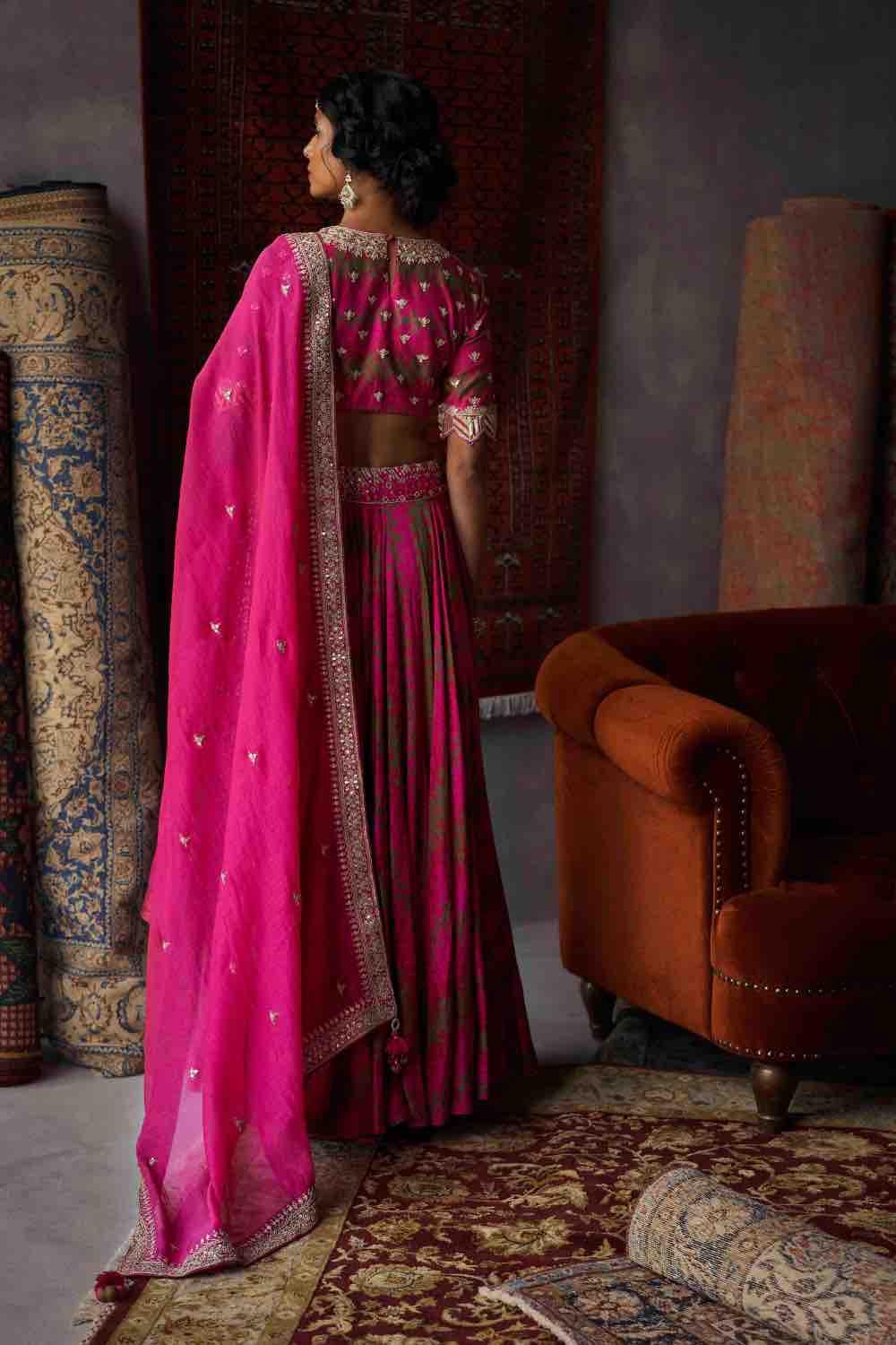 Cherry Red Silk Chanderi Lehenga Set