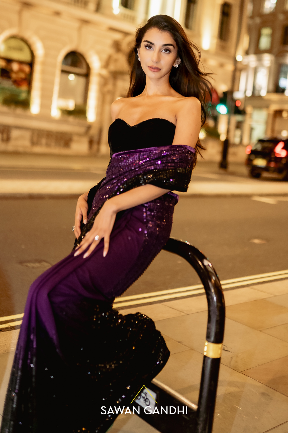 Royal purple to black ombré saree