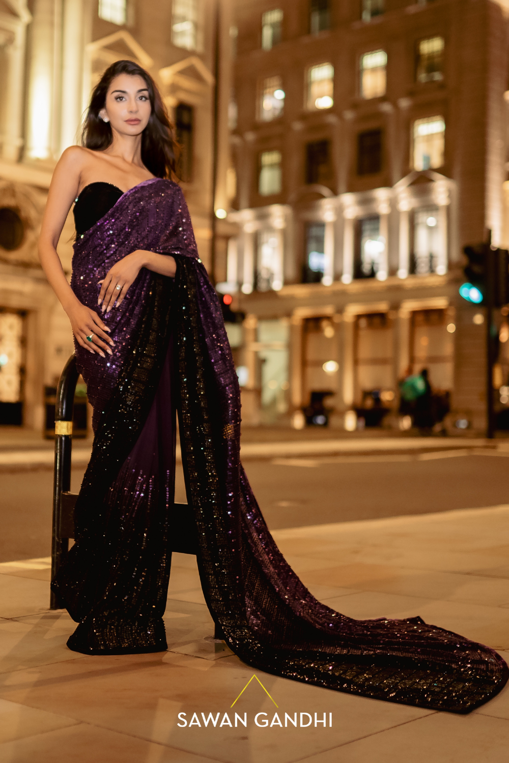 Royal purple to black ombré saree