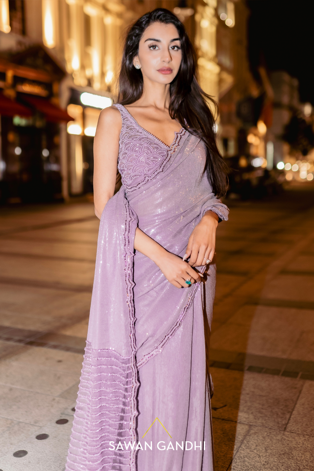 Lavender sequins pearl saree