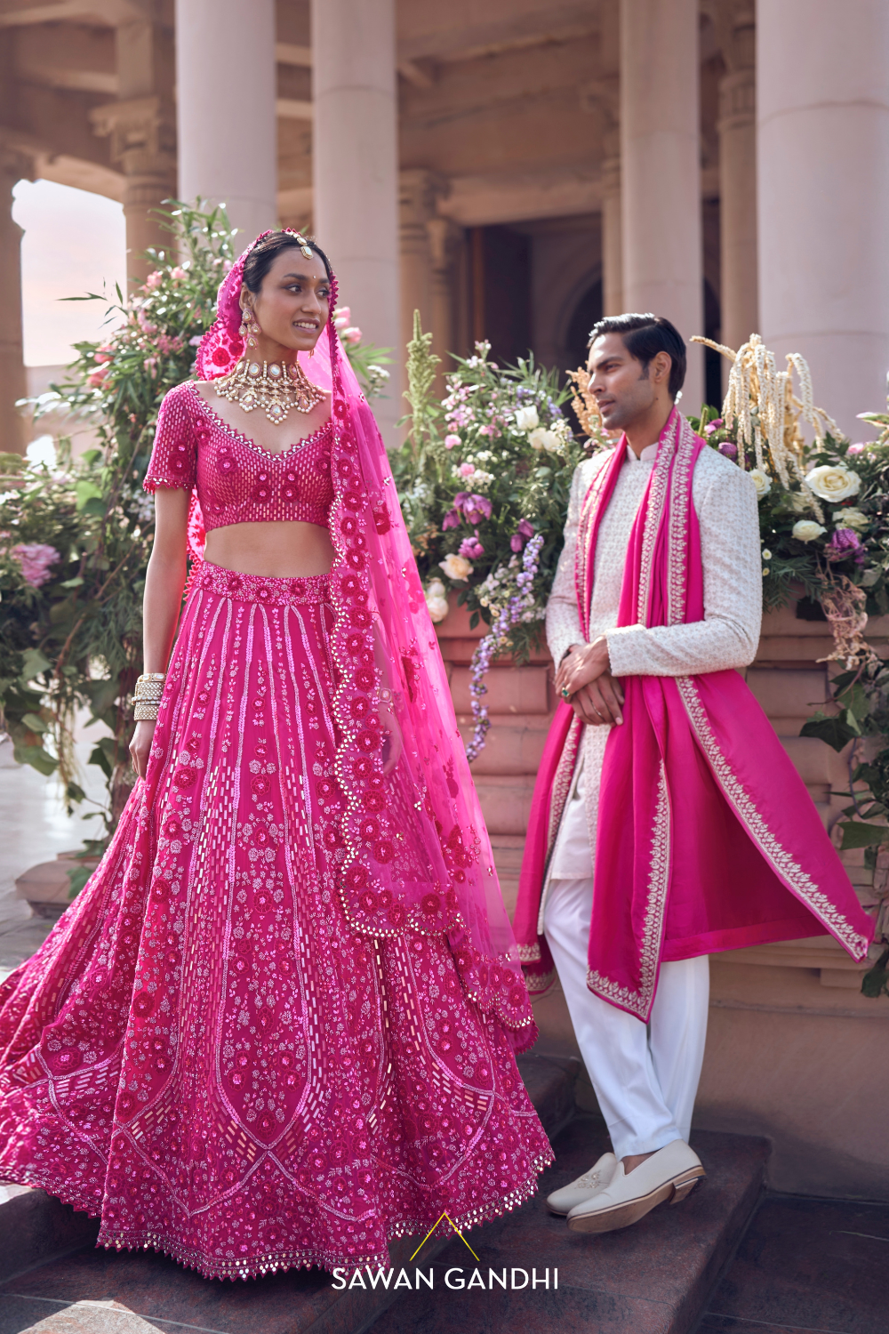 HOT PINK APPLIQUÉ FLORAL LEHENGA