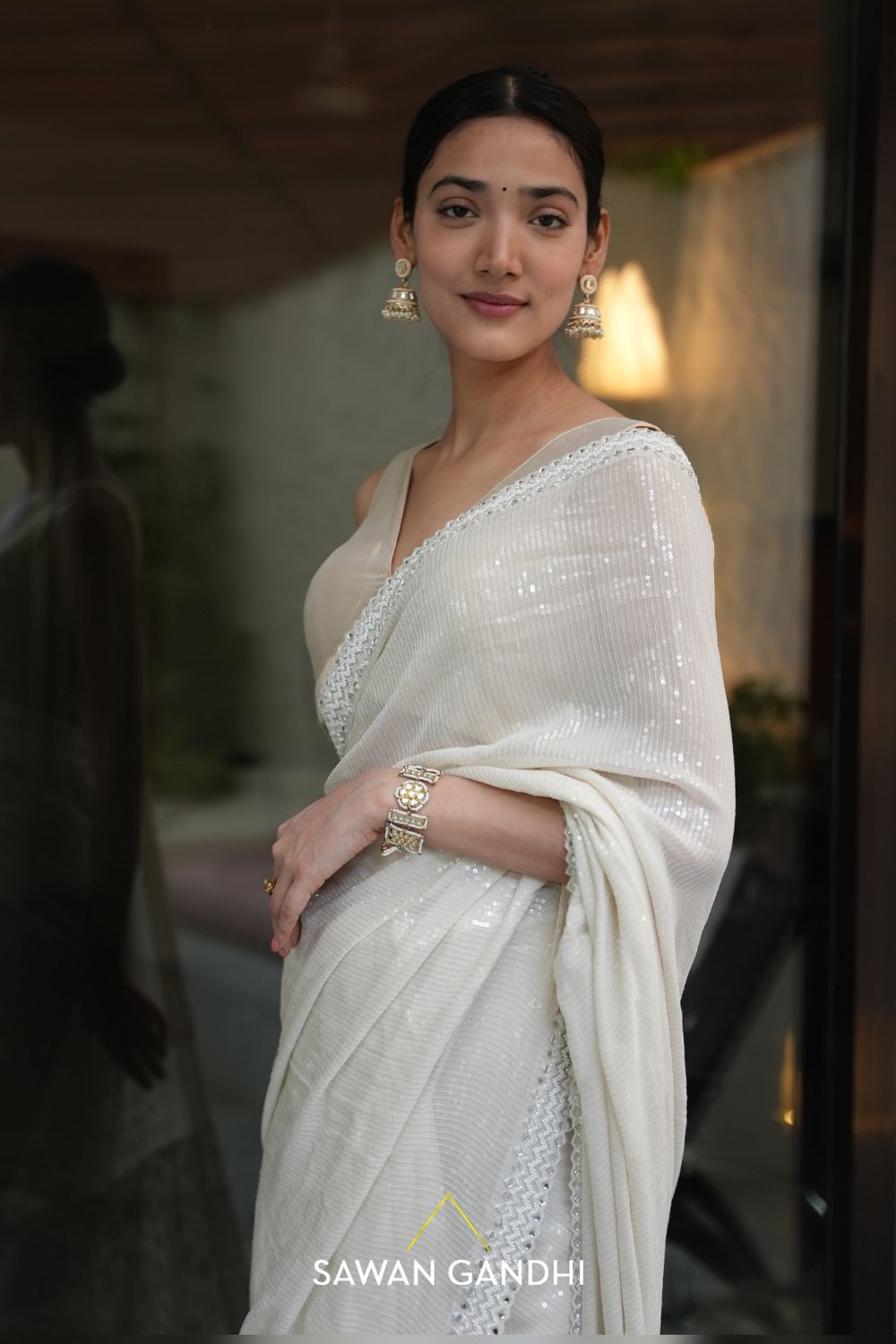 Medha Shankr in Ivory paani sequins chikankari saree
