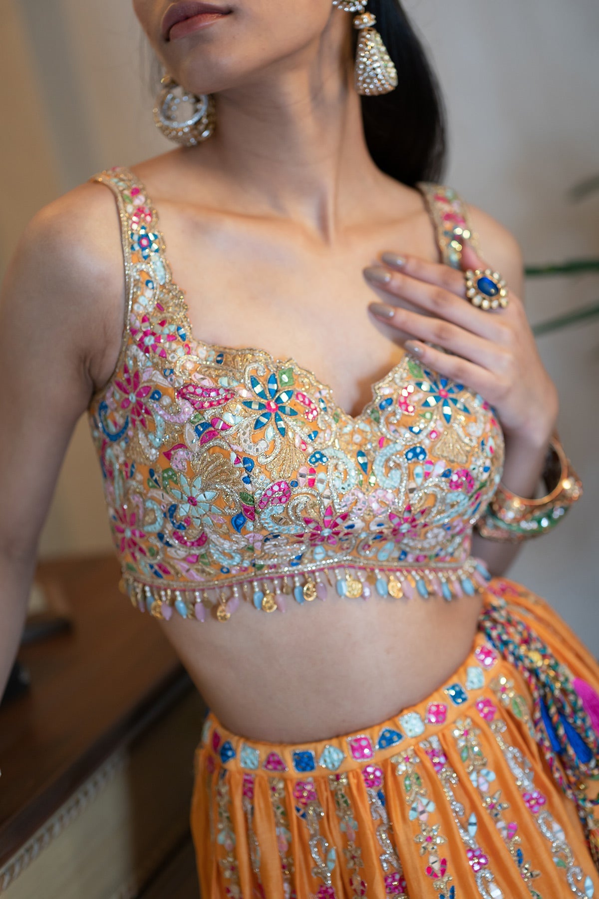 Tangerine Chanderi Skirt Withan Embroidered Blouse