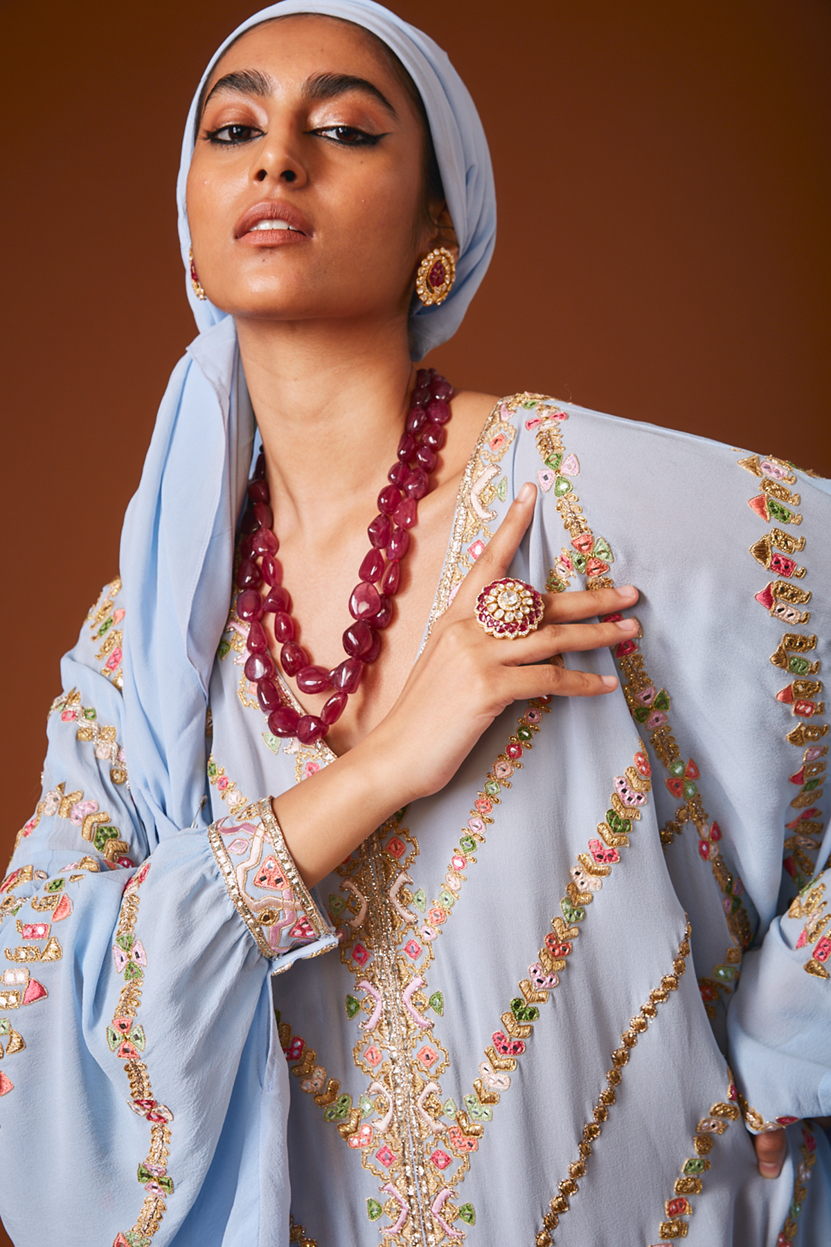 English Blue Cowl Georgette Kaftan With Mirror And Resham