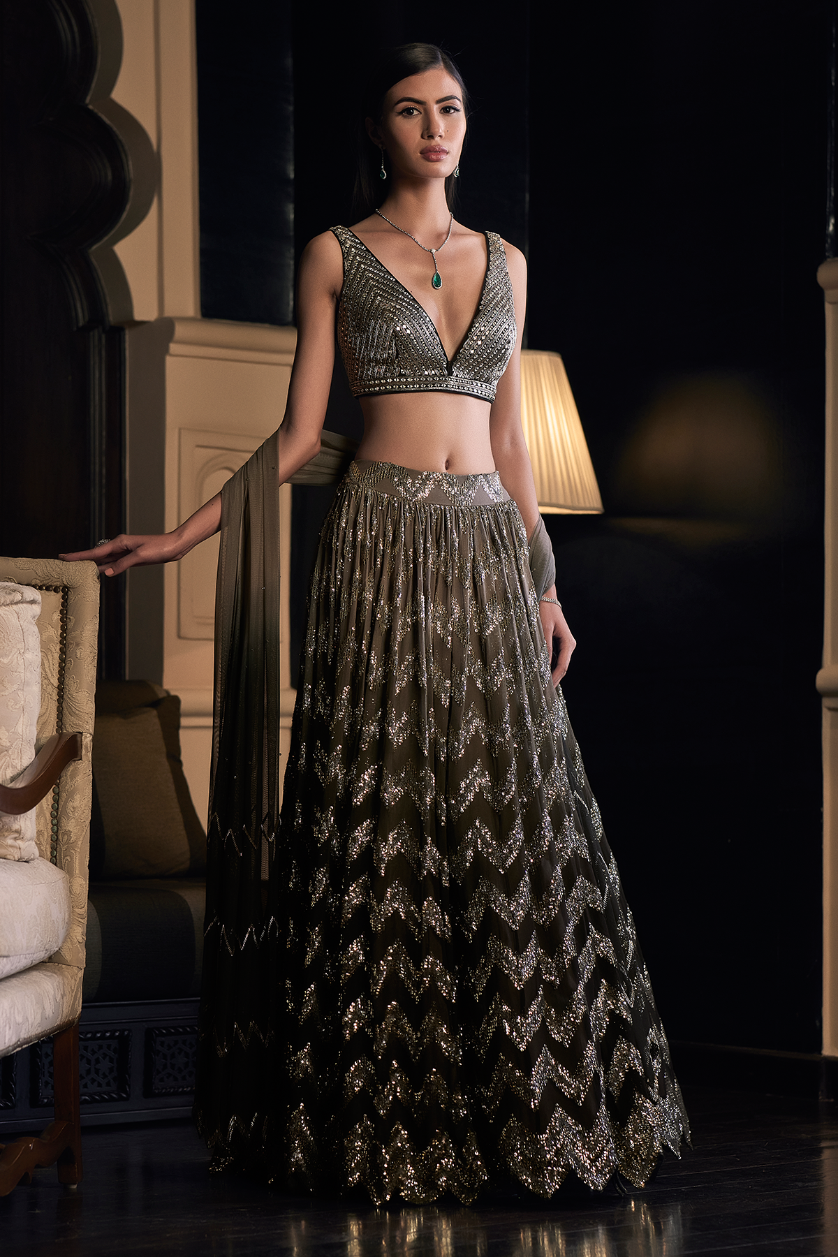 Olive Chevron Lehenga