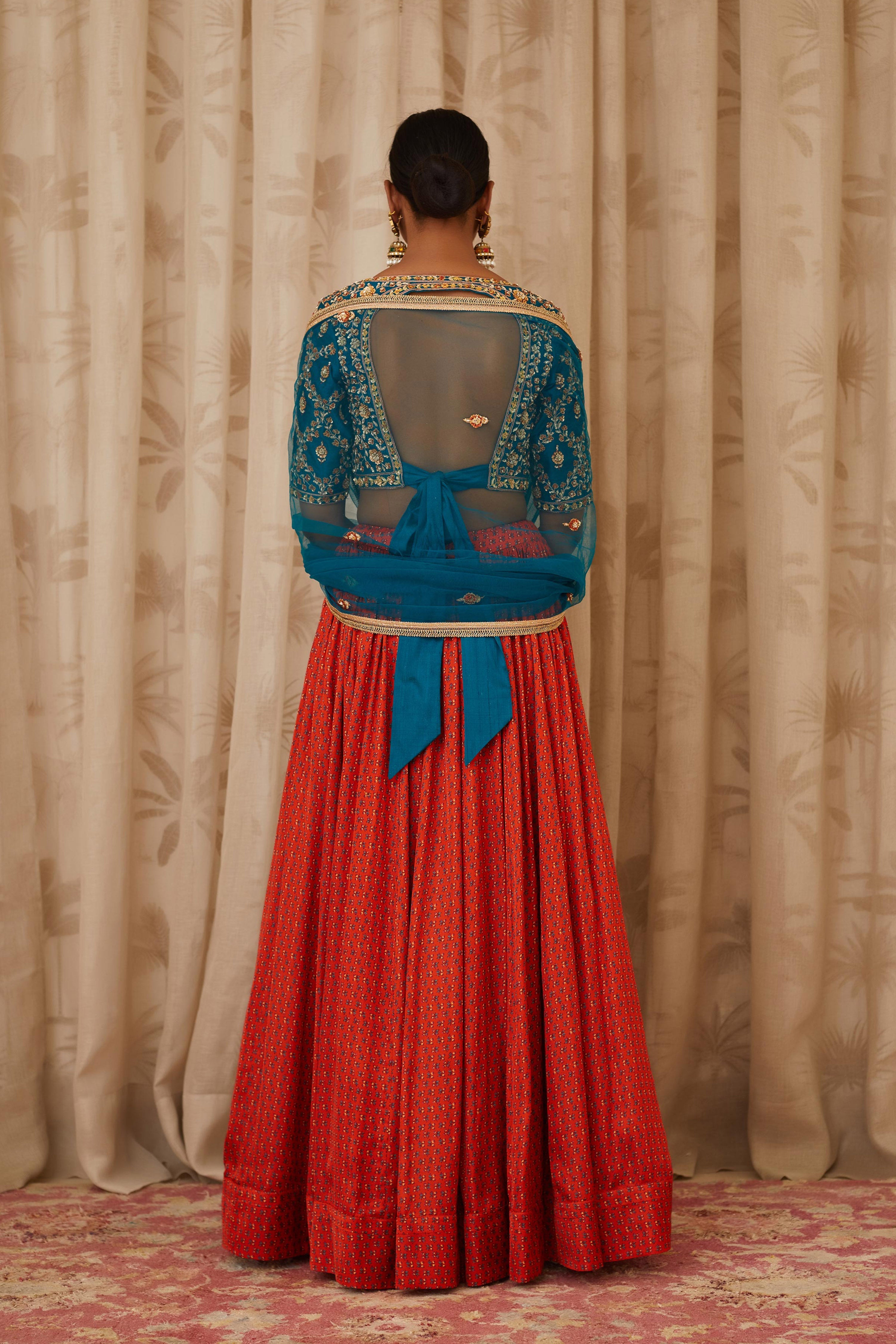 Teal Blue and Burnt Orange Lehenga Set