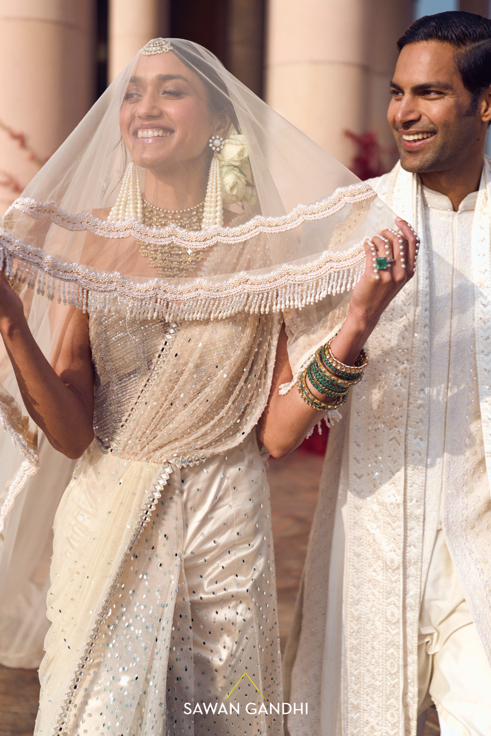 IVORY DRAPED SAREE WITH EMBELLISHED CORSET