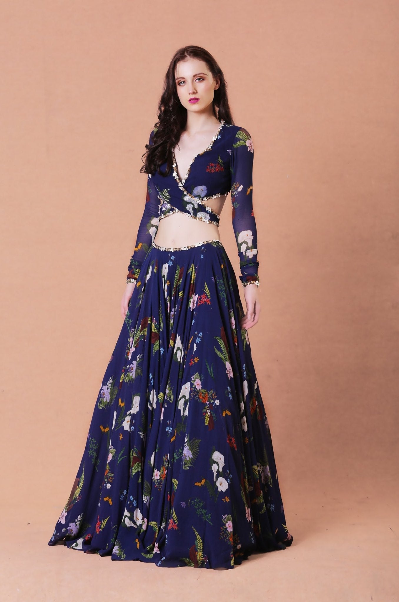 Blue Printed Back-Knot Style Lehenga Set