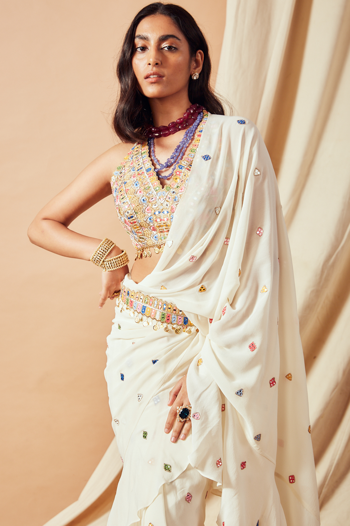 Ivory Ruffle Saree Set