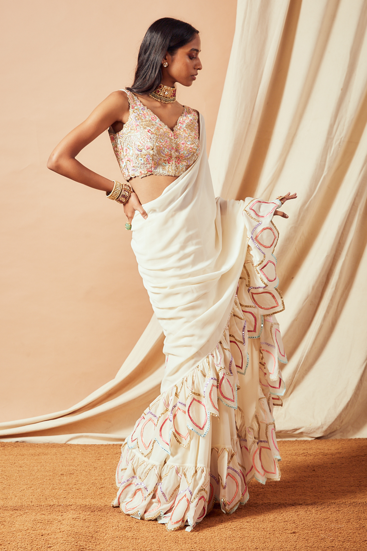 Ivory Cutwork Ruffle Saree Set