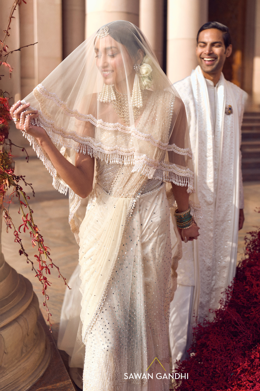 IVORY DRAPED SAREE WITH EMBELLISHED CORSET