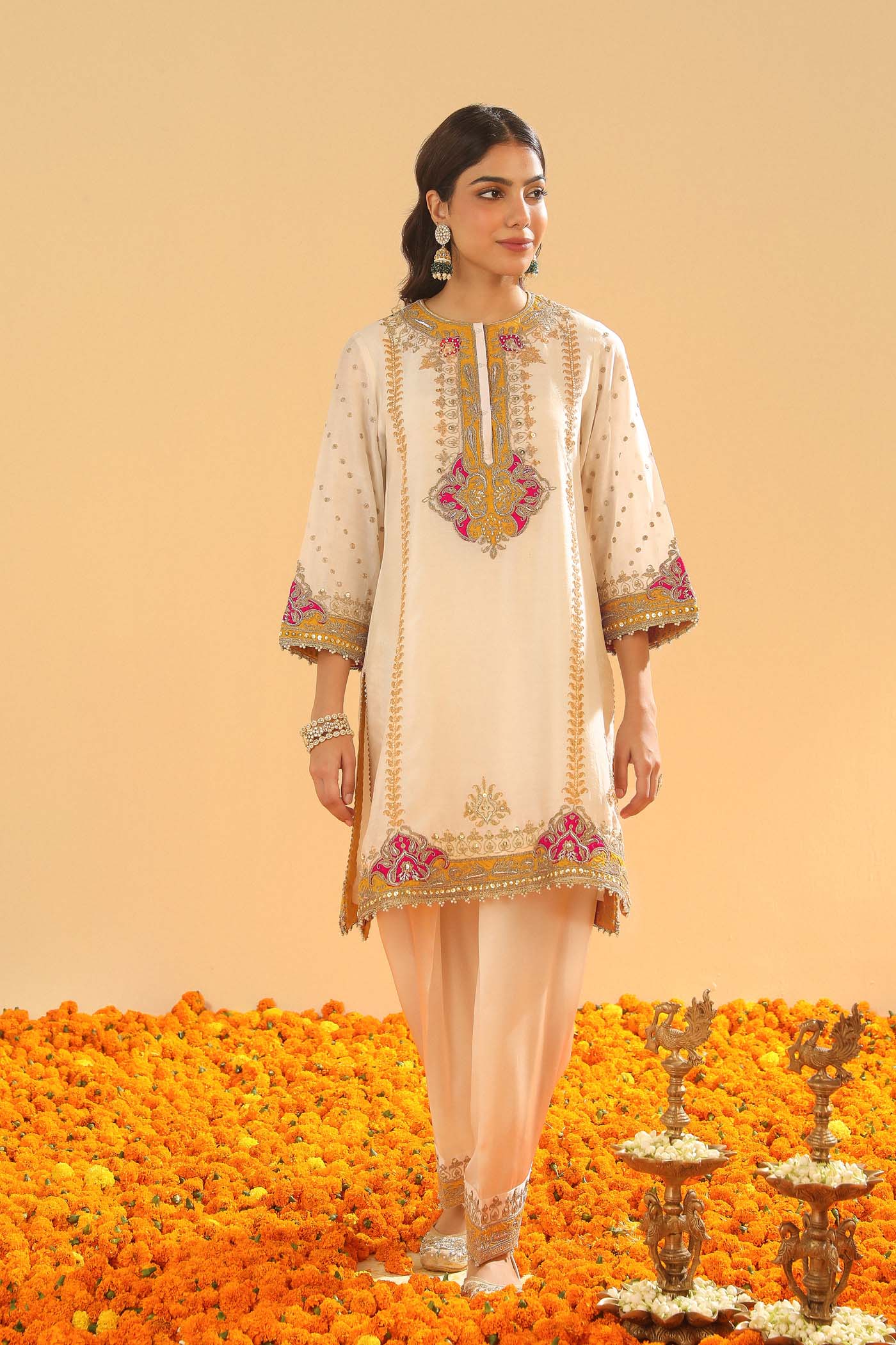 Ziana - Daisy Ivory Short Straight Kurta with Salwar and Dupatta