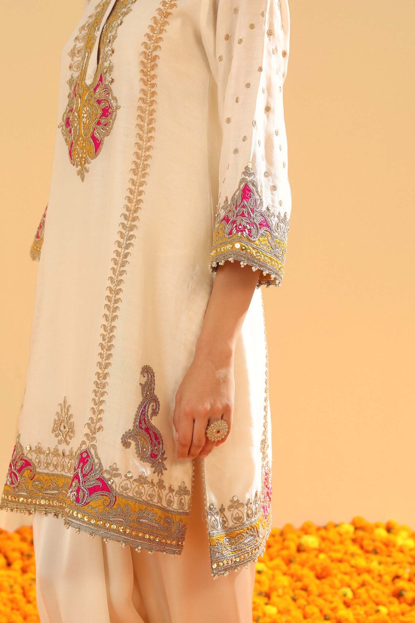 Ziana - Daisy Ivory Short Straight Kurta with Salwar and Dupatta