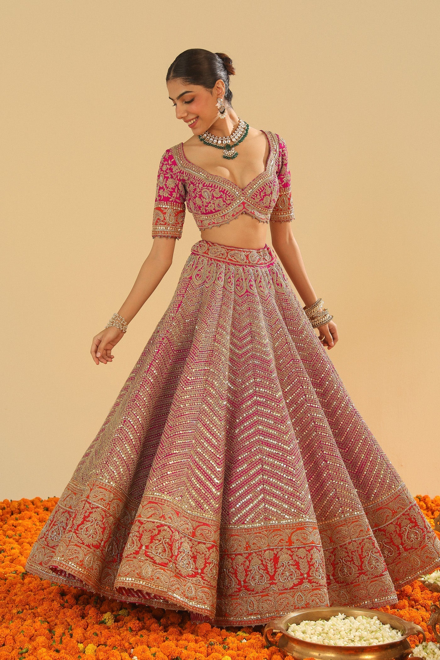 Anahira - Hotpink Blouse with Lehenga and Dupatta