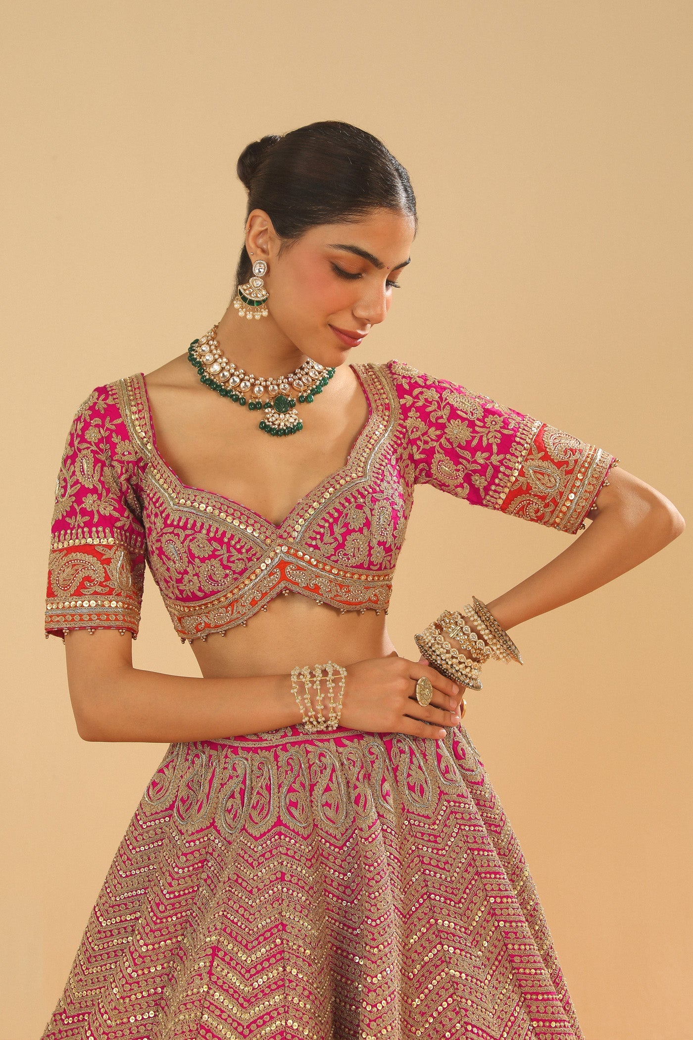 Anahira - Hotpink Blouse with Lehenga and Dupatta