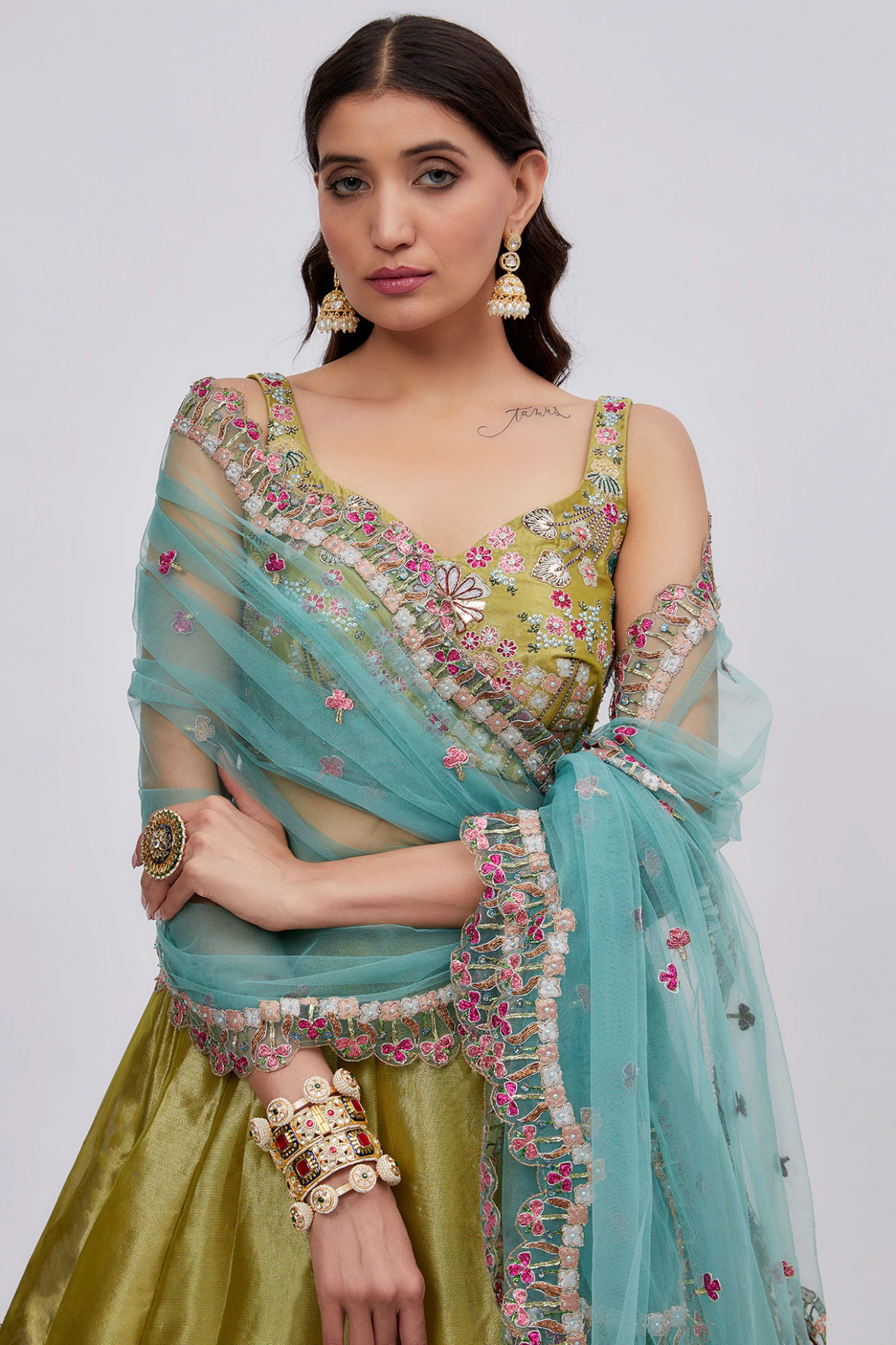 Ornate - Olive - Metallic Tissue Lehenga Set