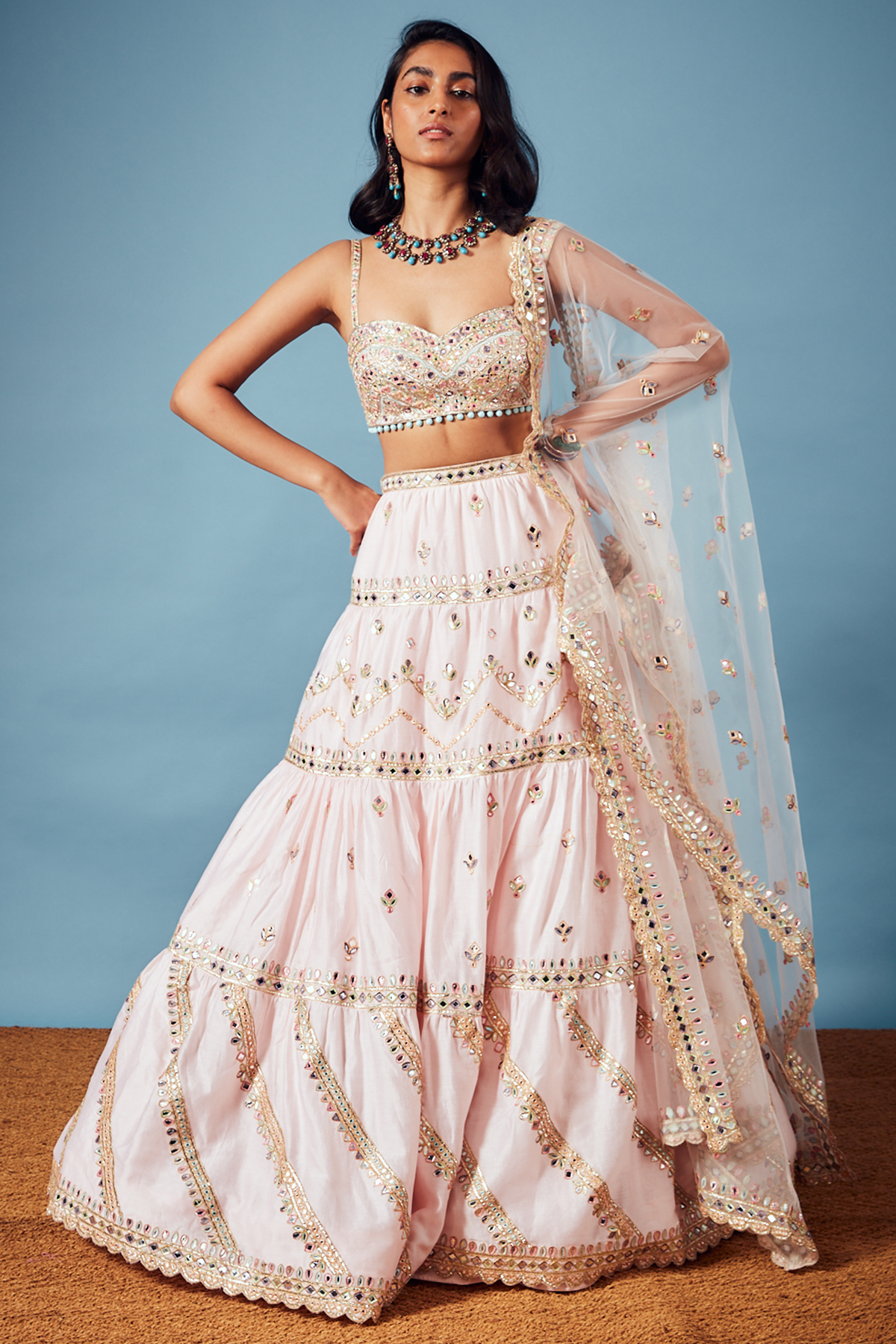 Pink Chanderi Tiered Lehenga Set