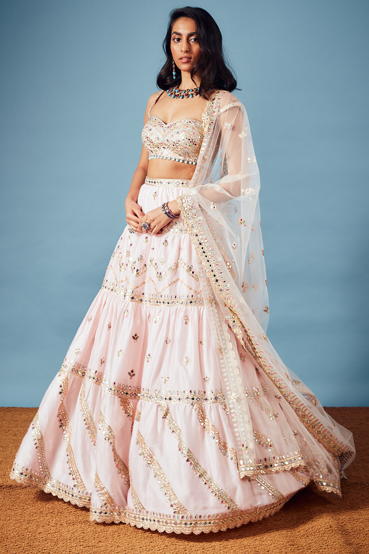 Pink Chanderi Tiered Lehenga Set