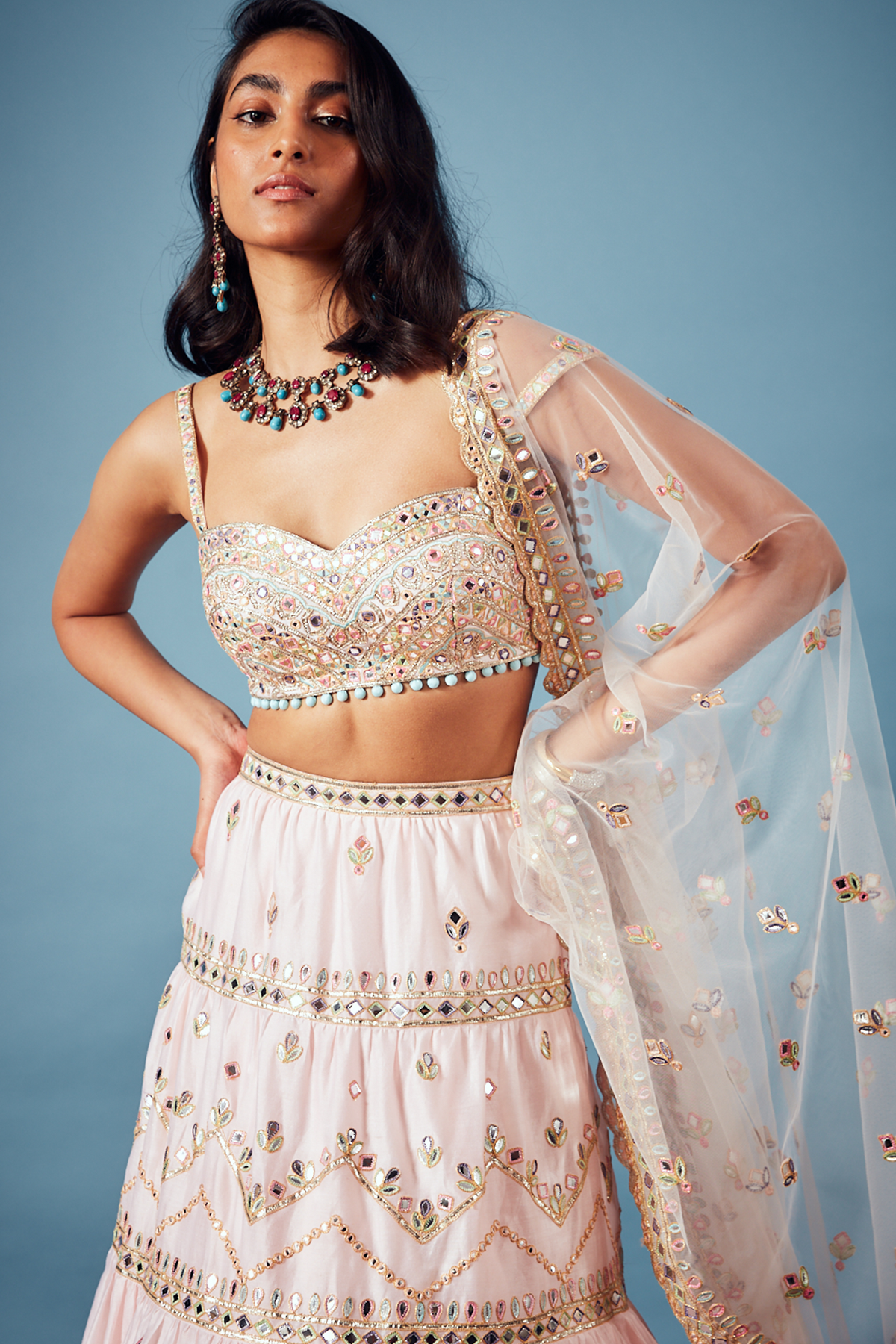 Pink Chanderi Tiered Lehenga Set