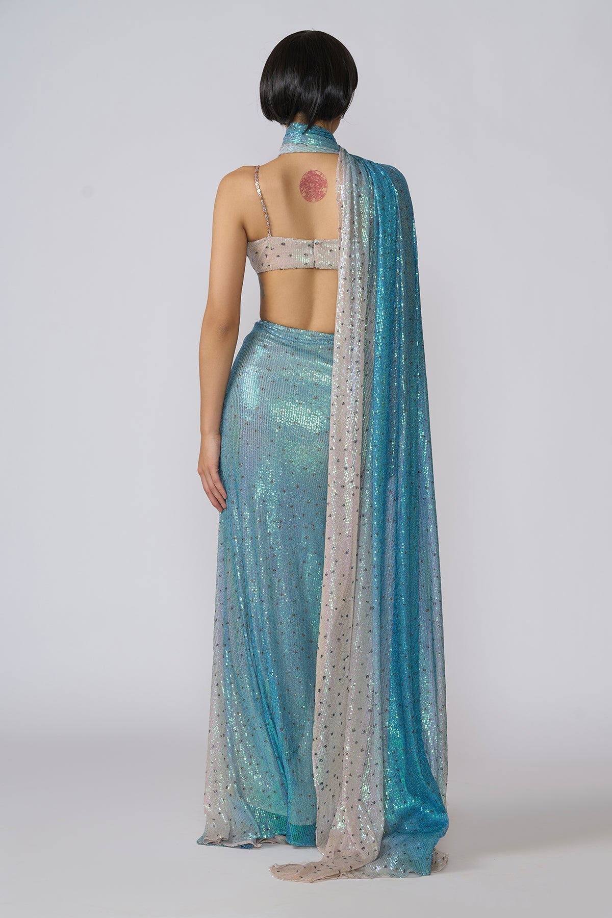 Astra - Ivory - Blue Ombre Sequin Tulle Draped Saree