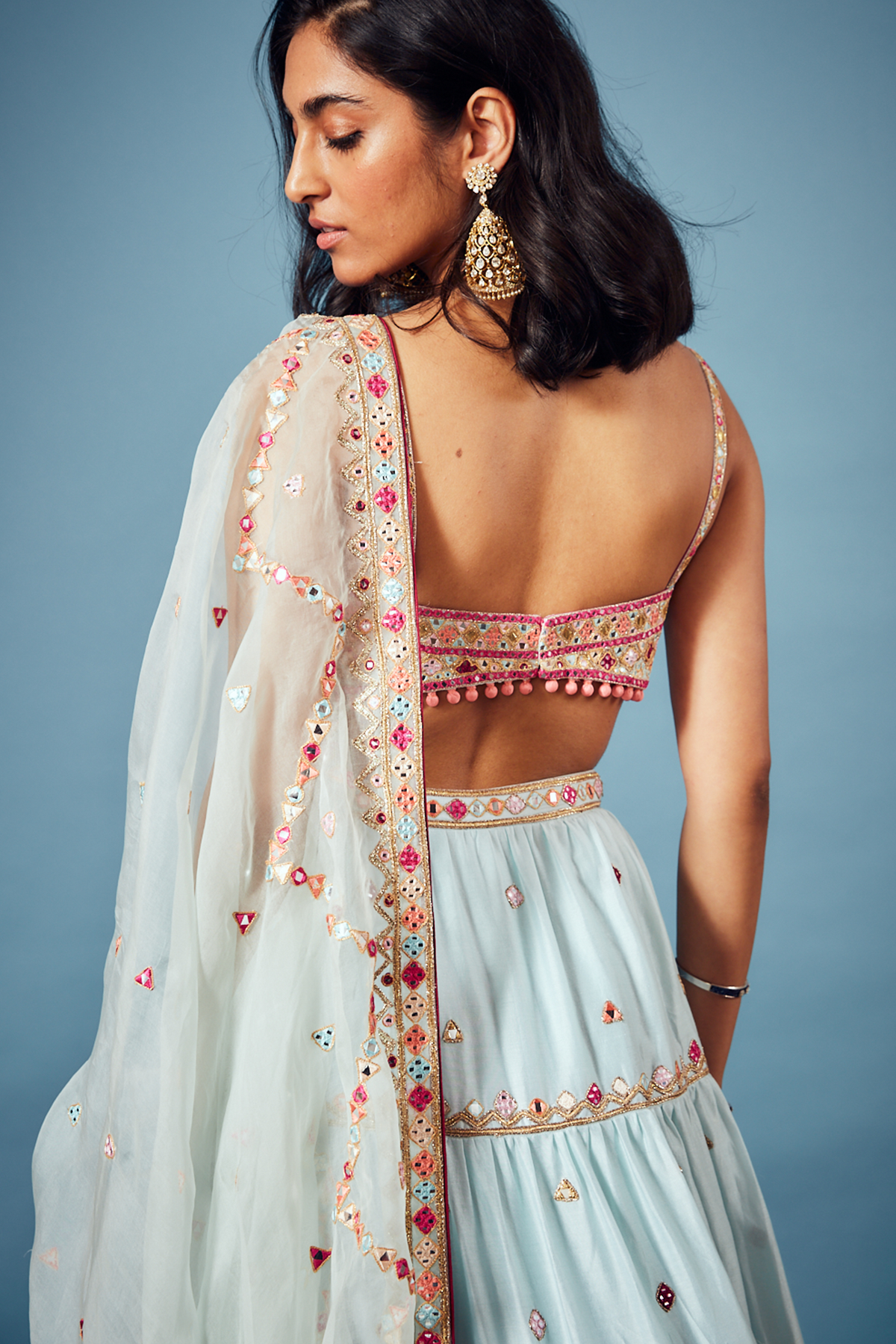 Blue Chanderi Tiered Lehenga Set