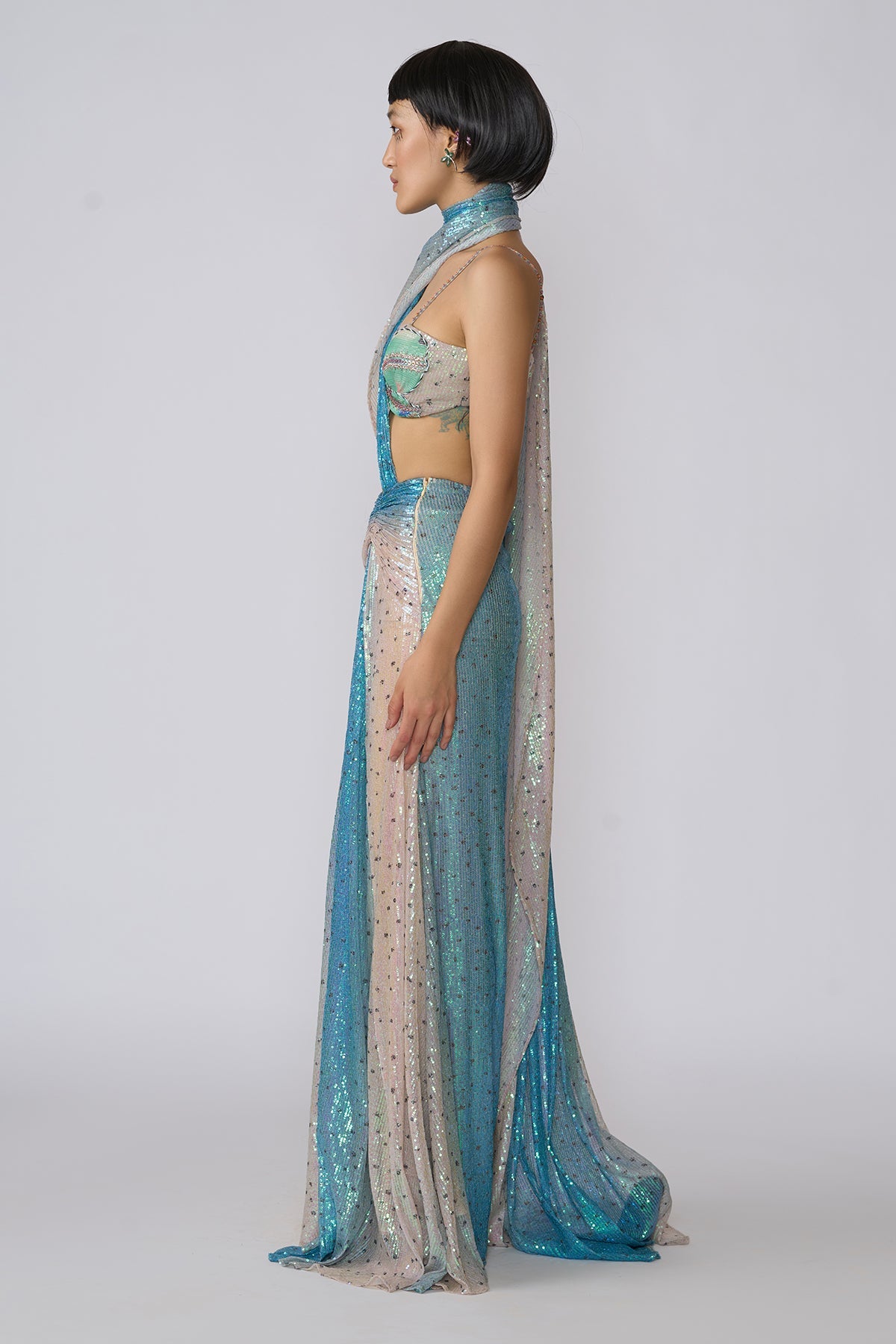 Astra - Ivory - Blue Ombre Sequin Tulle Draped Saree