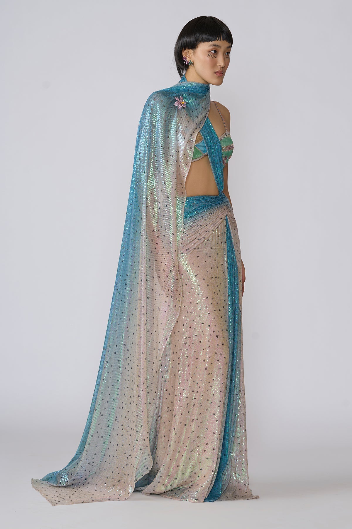 Astra - Ivory - Blue Ombre Sequin Tulle Draped Saree
