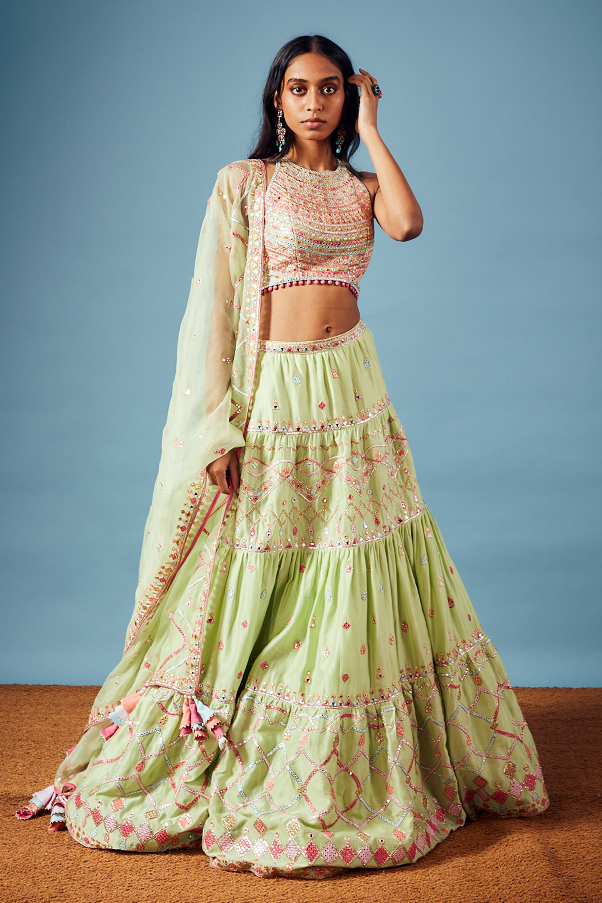 Green Chanderi Tiered Lehenga Set
