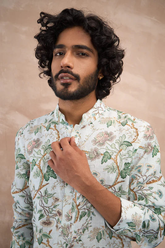 Powder Blue Big Flower Linen Kurta Set