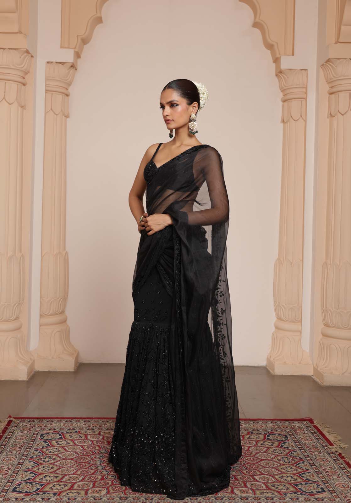 Black hip hug hand embroidered sari set