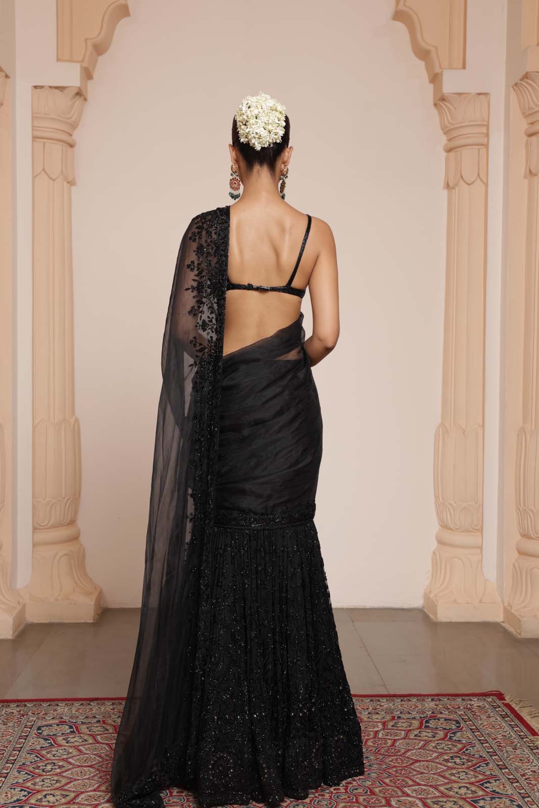 Black hip hug hand embroidered sari set