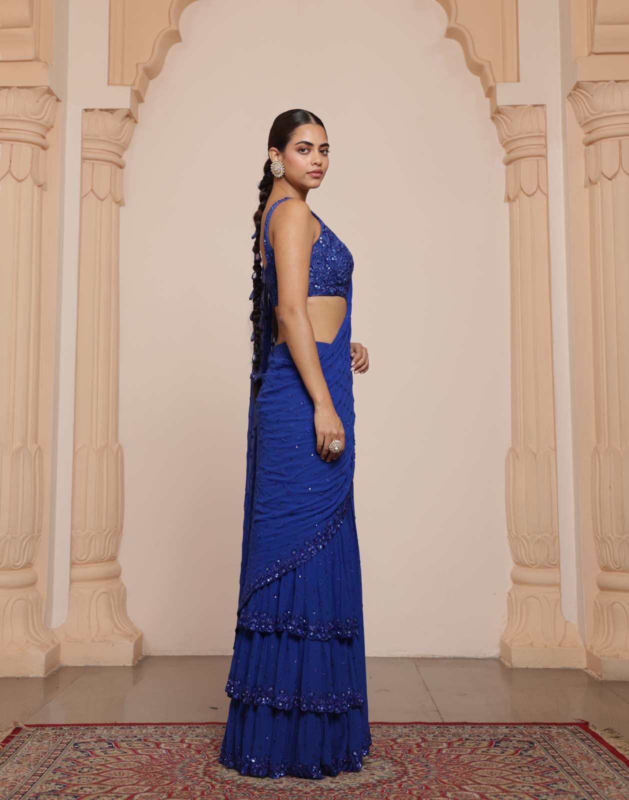 Electric blue hand embroidered tiered sari set