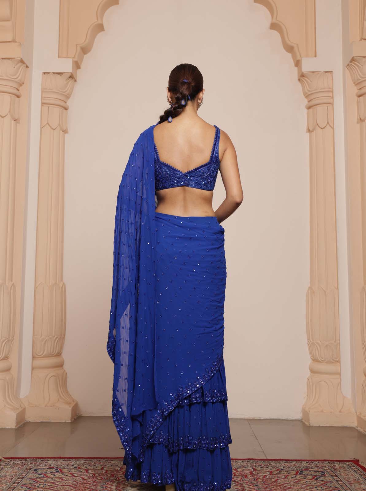 Electric blue hand embroidered tiered sari set