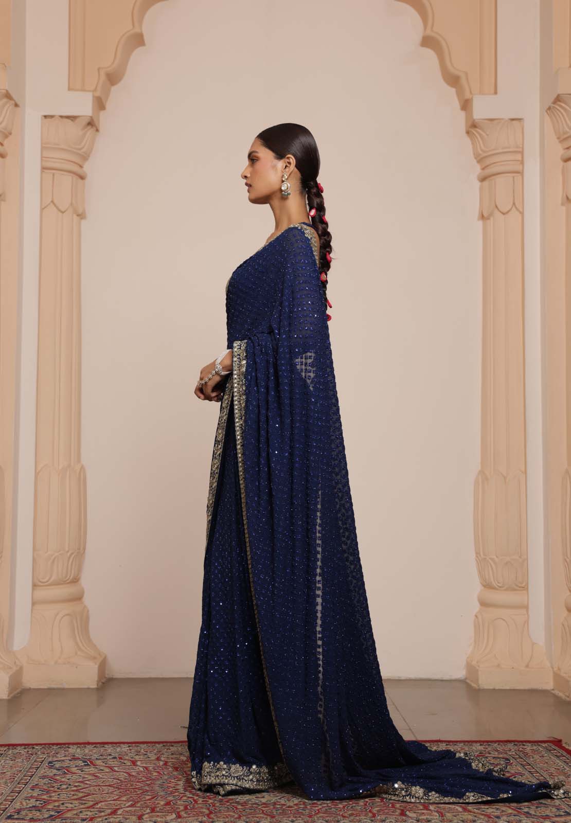 Midnight blue hand embroidered sari set