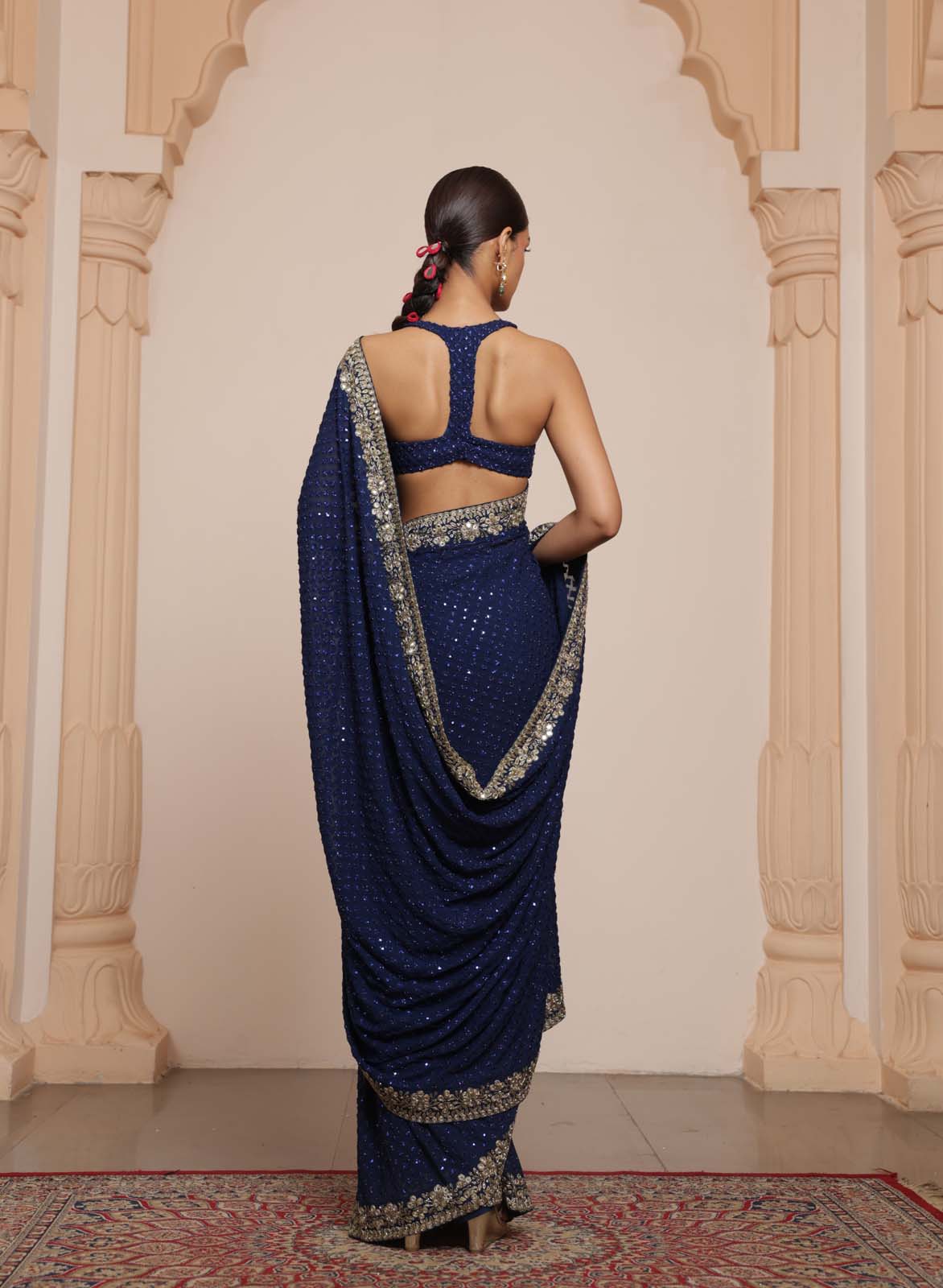 Midnight blue hand embroidered sari set