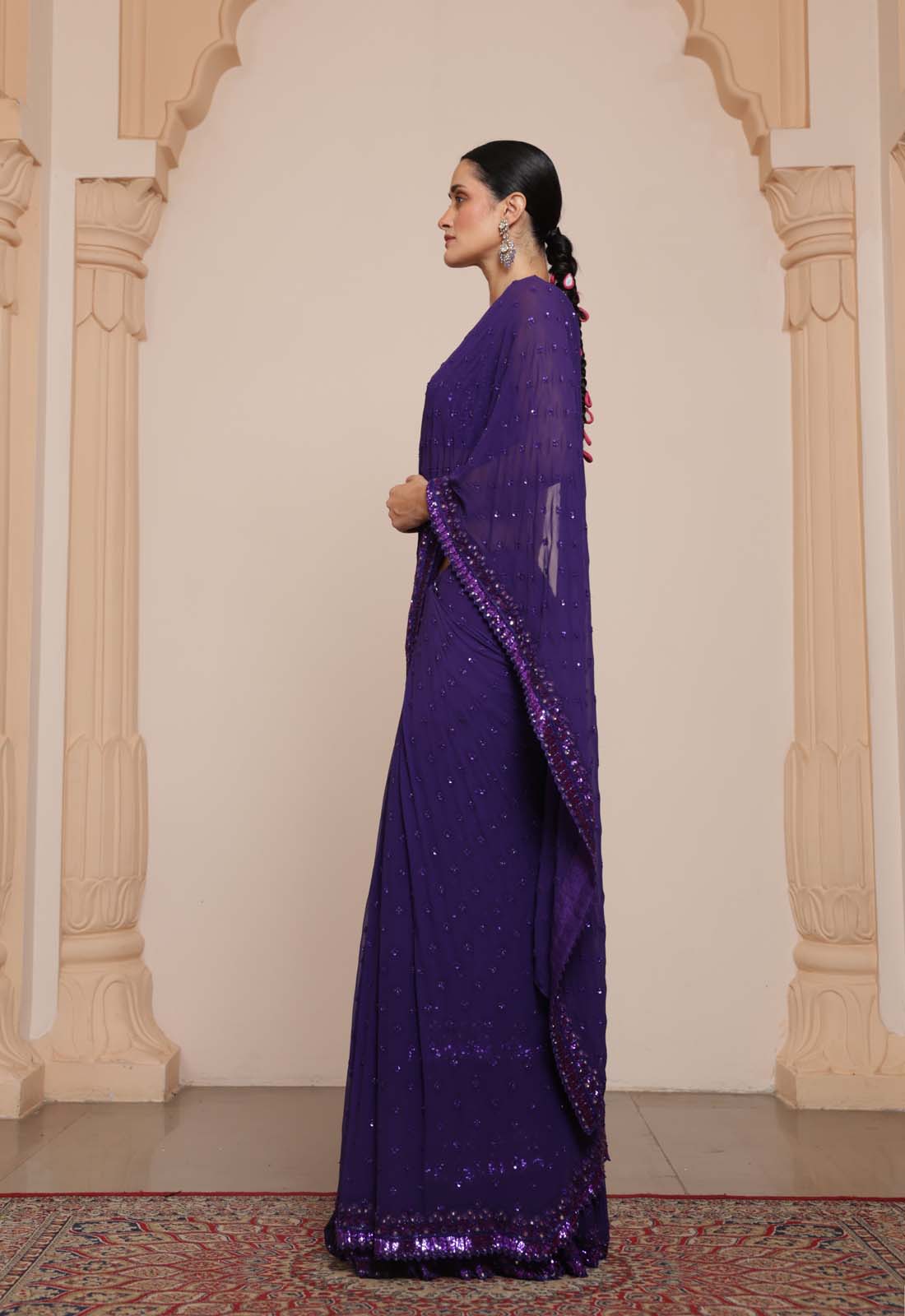Purple hand embroidered tiered sari set