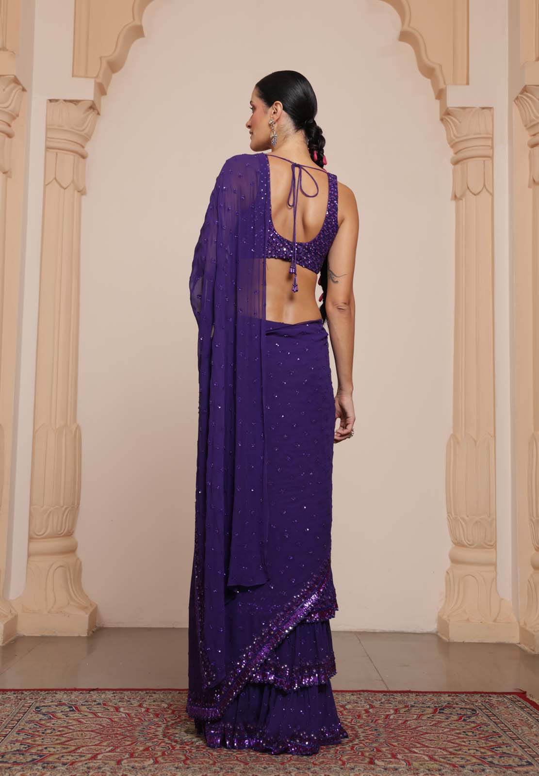 Purple hand embroidered tiered sari set