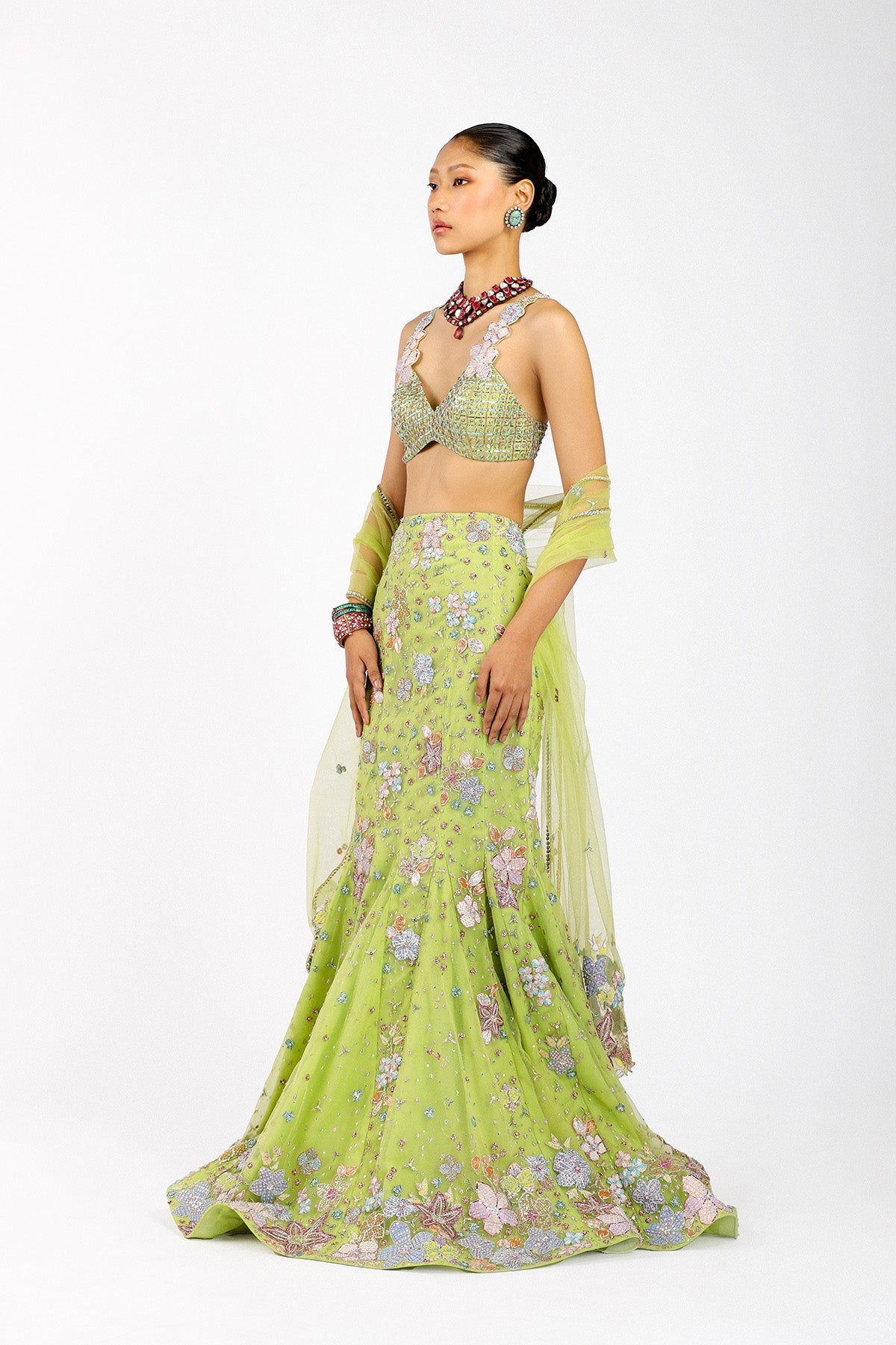 Verphine - Lime Green Tulle Net Mermaid Lehenga Set