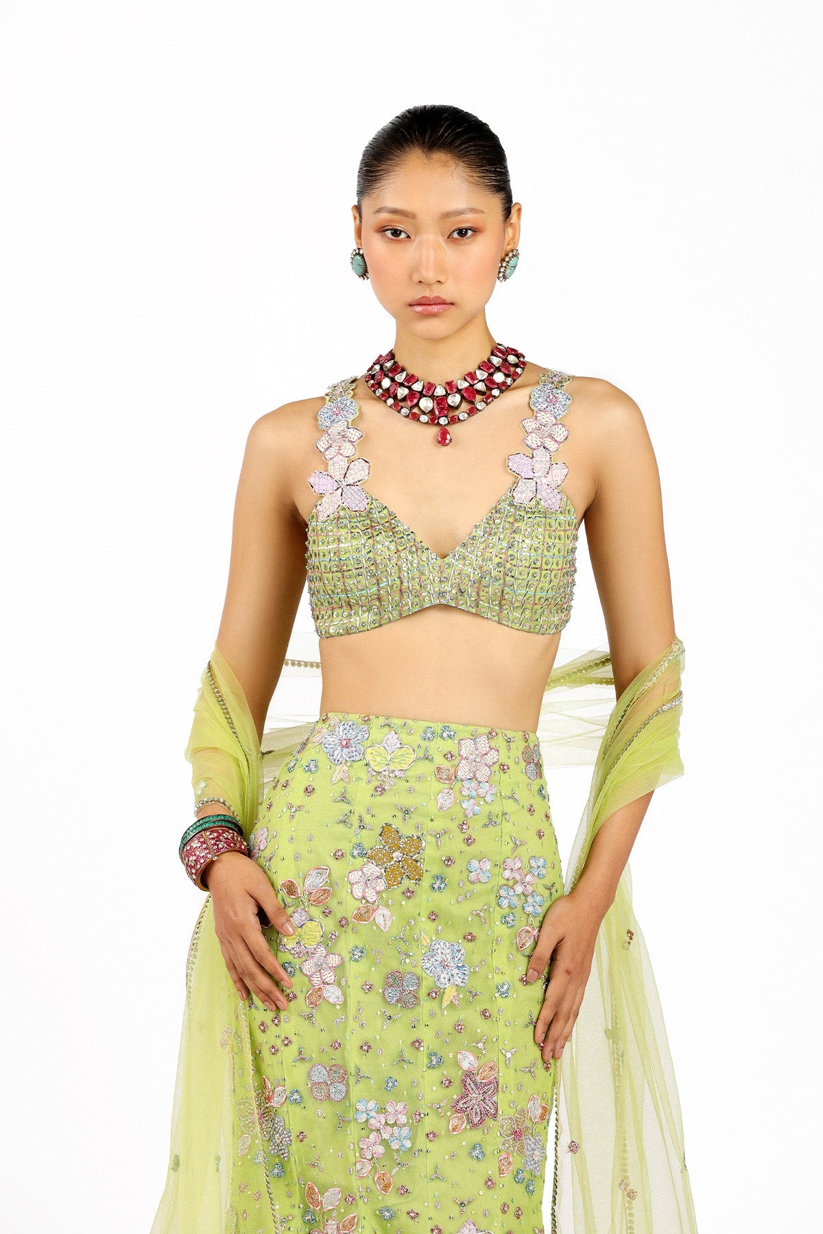 Verphine - Lime Green Tulle Net Mermaid Lehenga Set