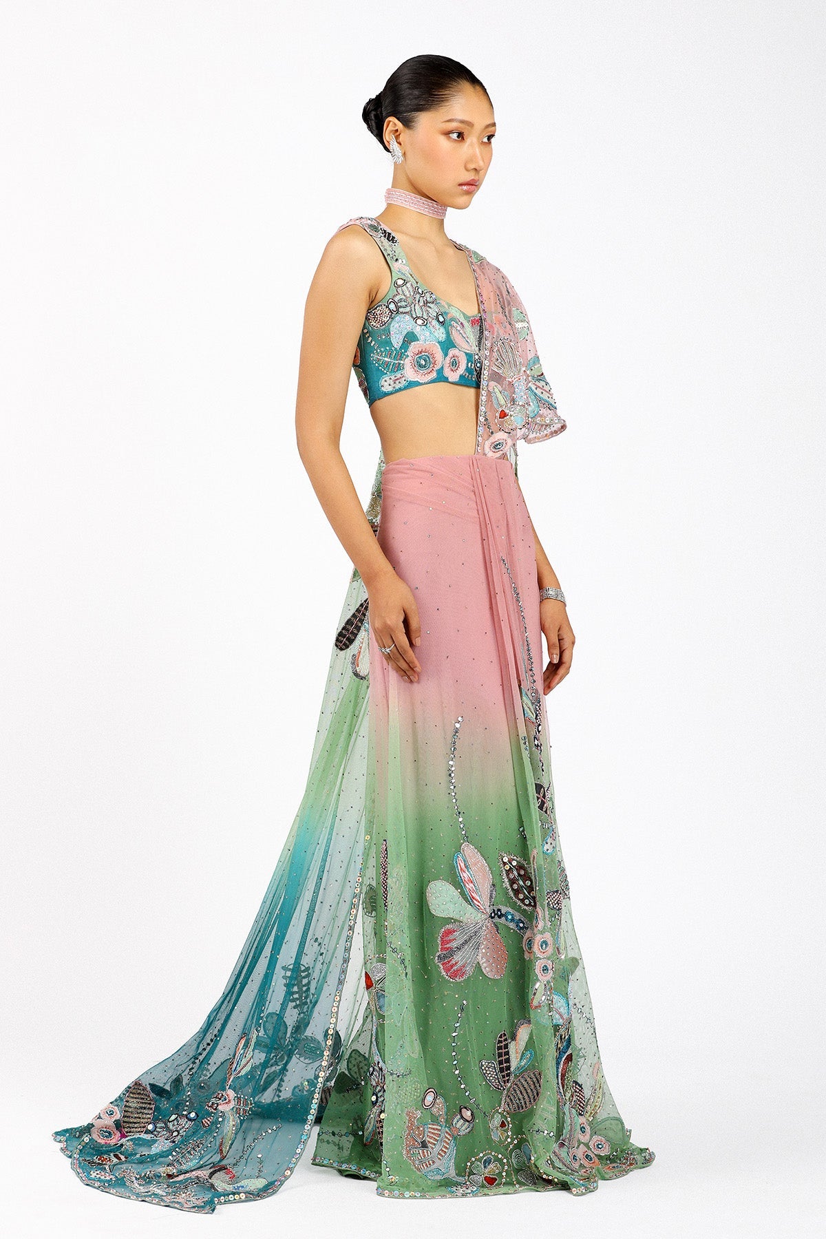 Verdance - Pink Green Tulle Net Saree Set