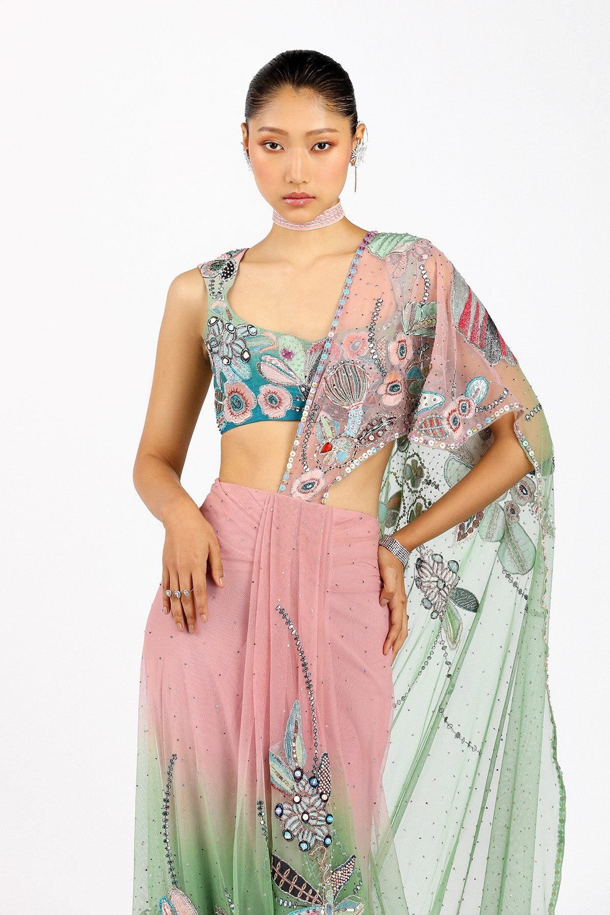 Verdance - Pink Green Tulle Net Saree Set