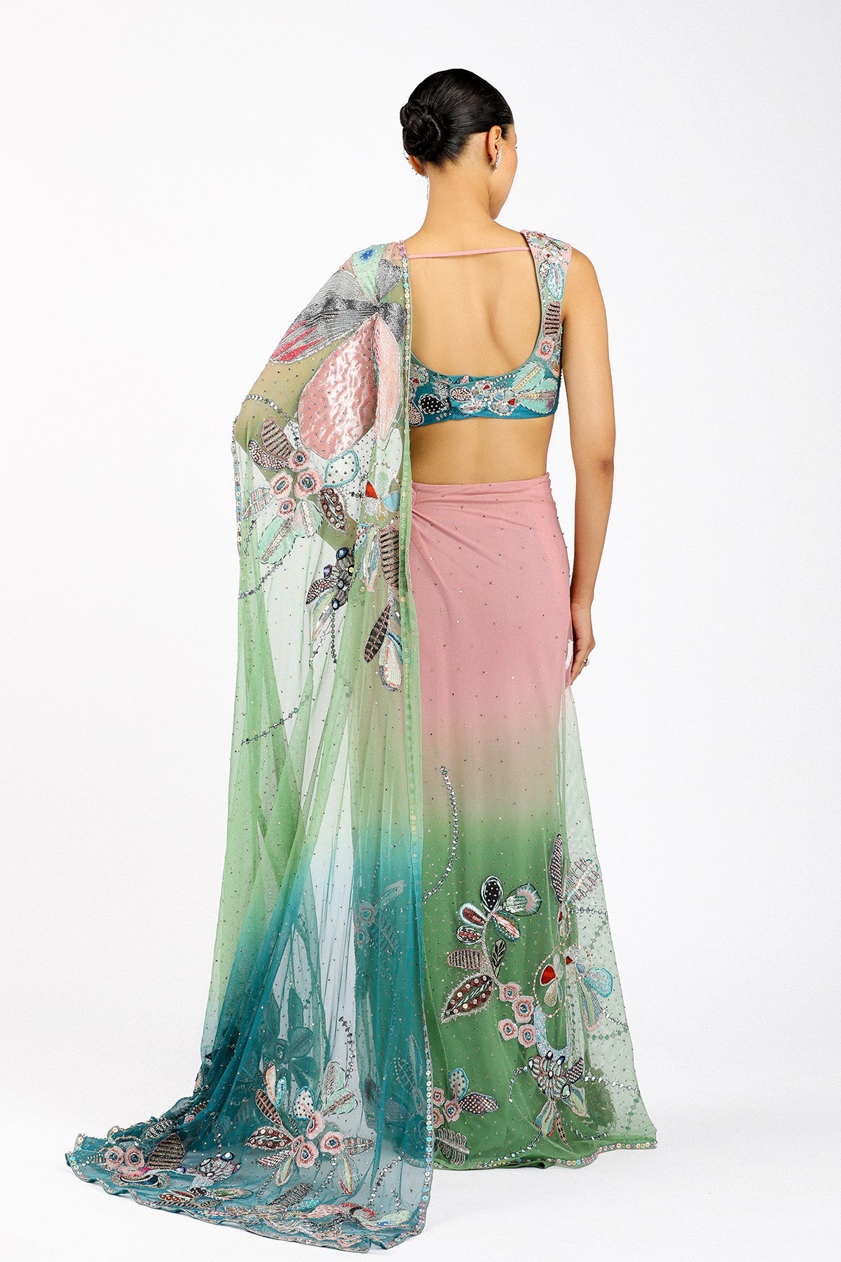 Verdance - Pink Green Tulle Net Saree Set