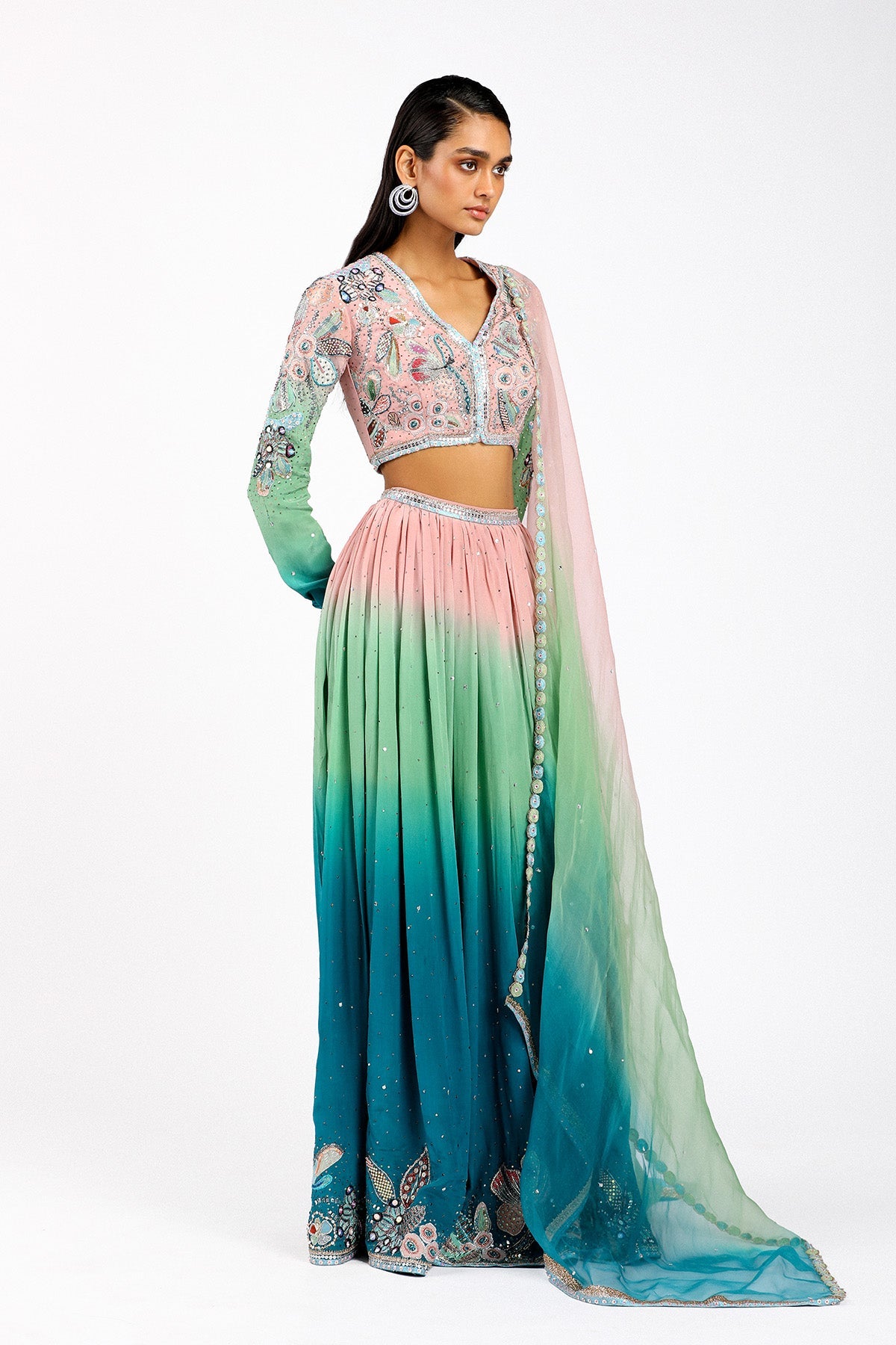 Cléorose - Kin Aurora Ombre Mulberry Crepe Lehenga Set