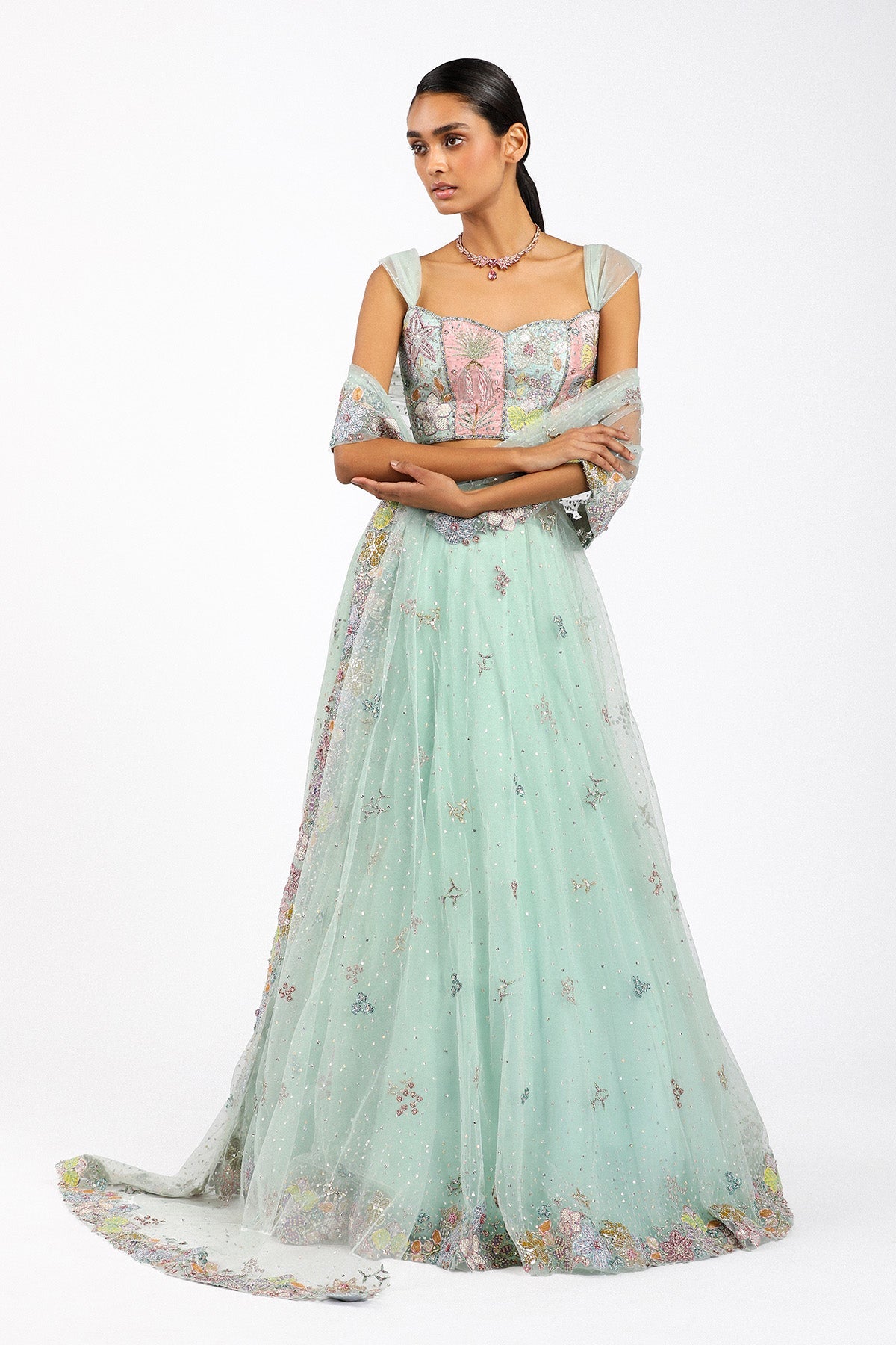 AzalŽe - Baby Blue Tulle Net Saree Lehenga Set