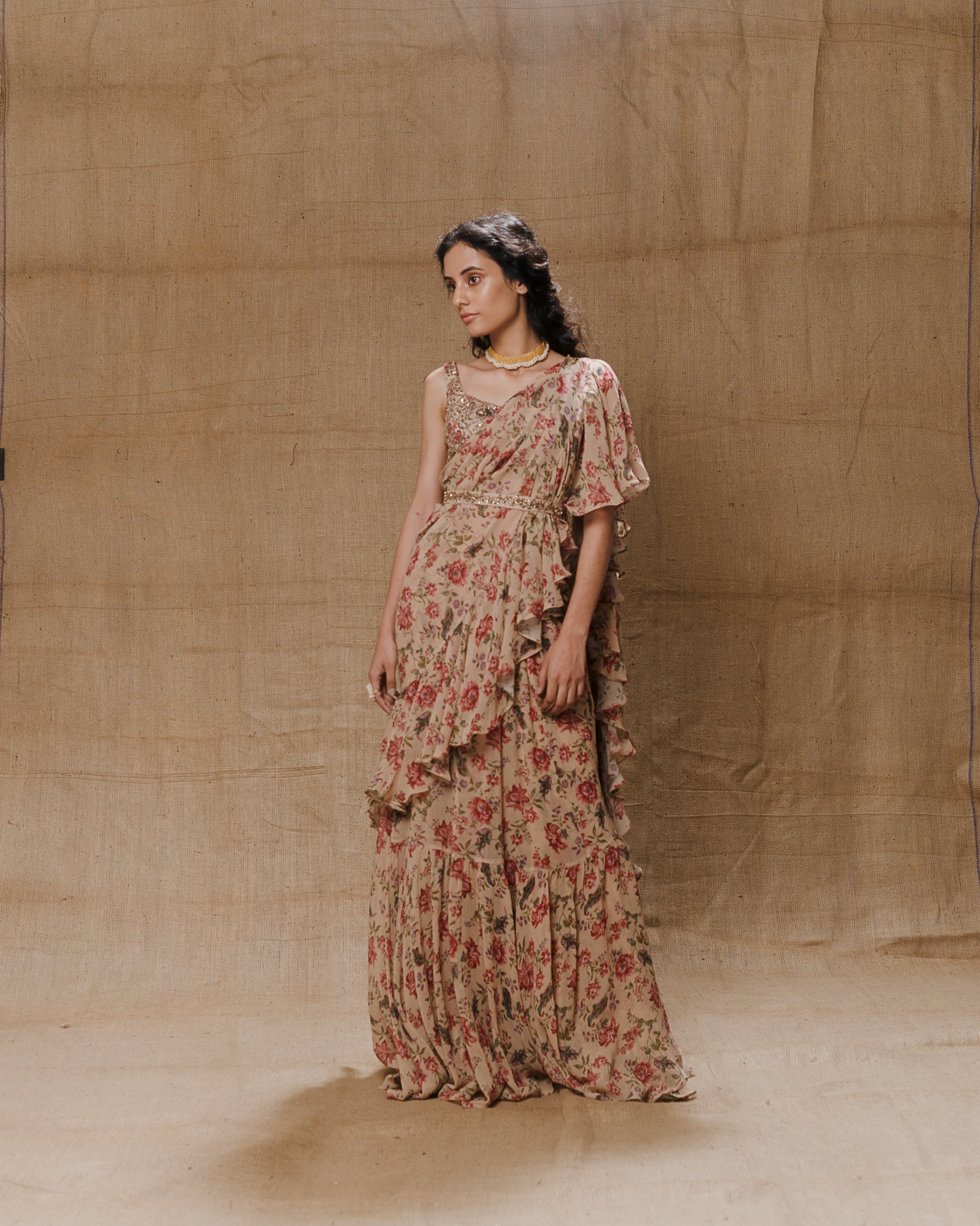 Vintage Printed Ruffle Saree Set