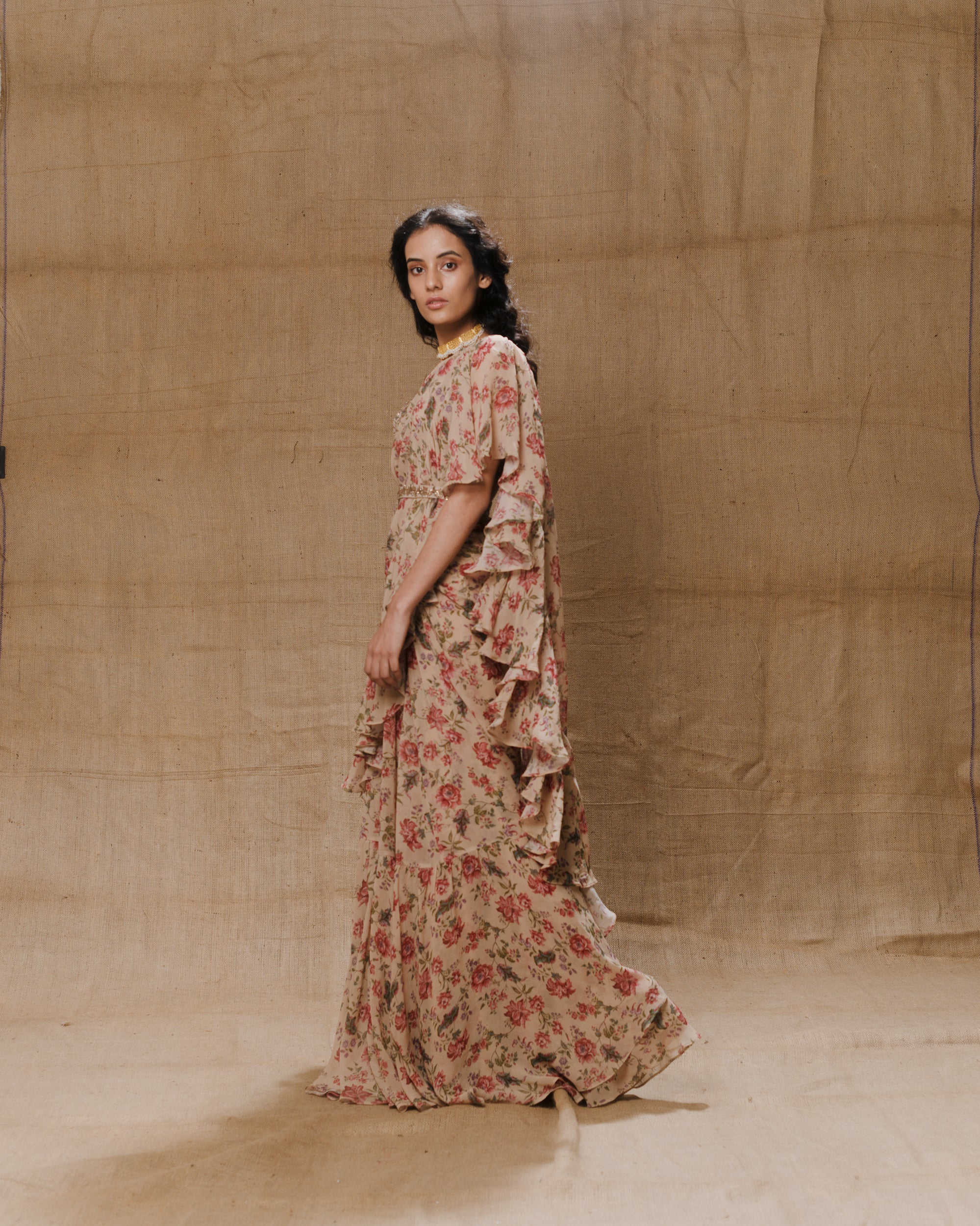 Vintage Printed Ruffle Saree Set