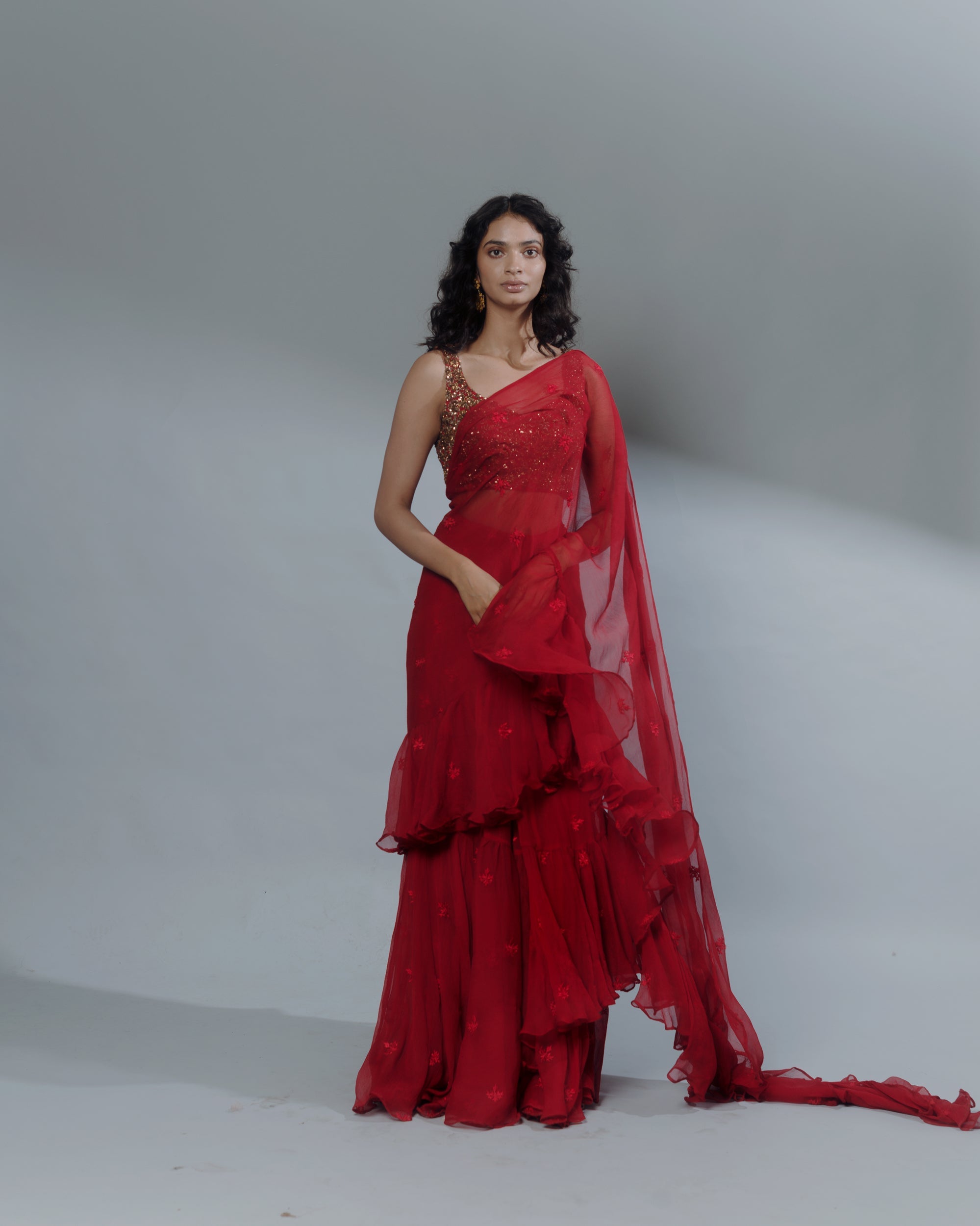 Red Thread Ruffle Saree With Embellished Blouse