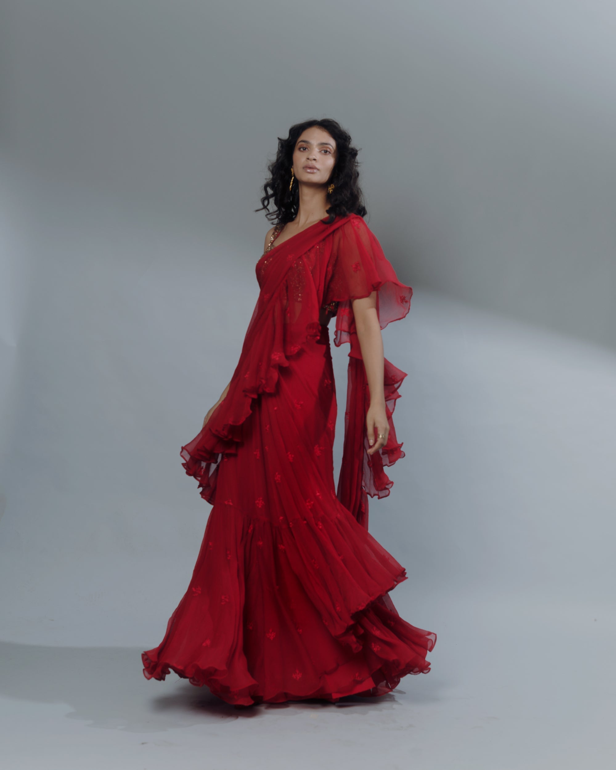 Red Thread Ruffle Saree With Embellished Blouse