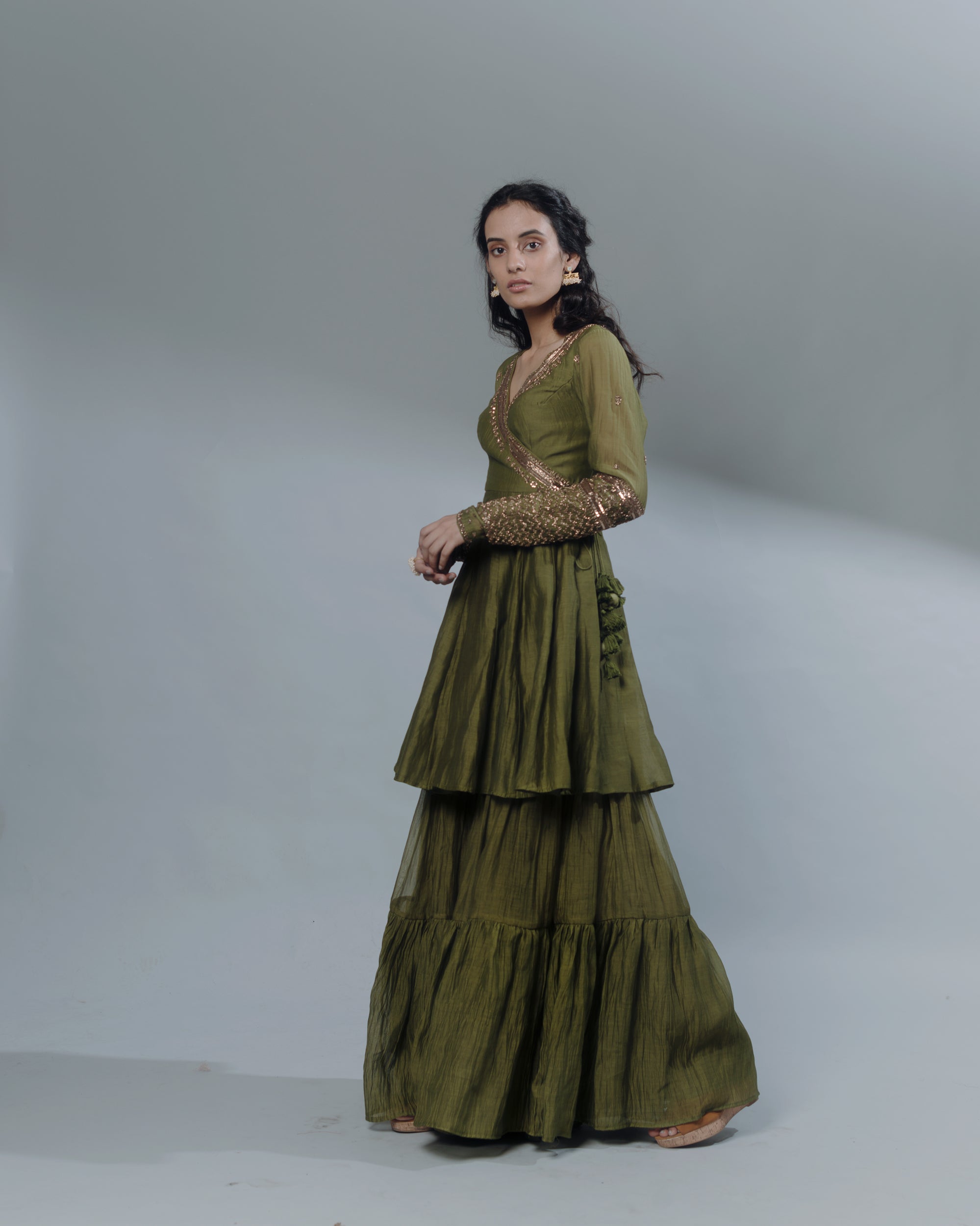 Mehendi Green Thread Peplum And Sharara Set