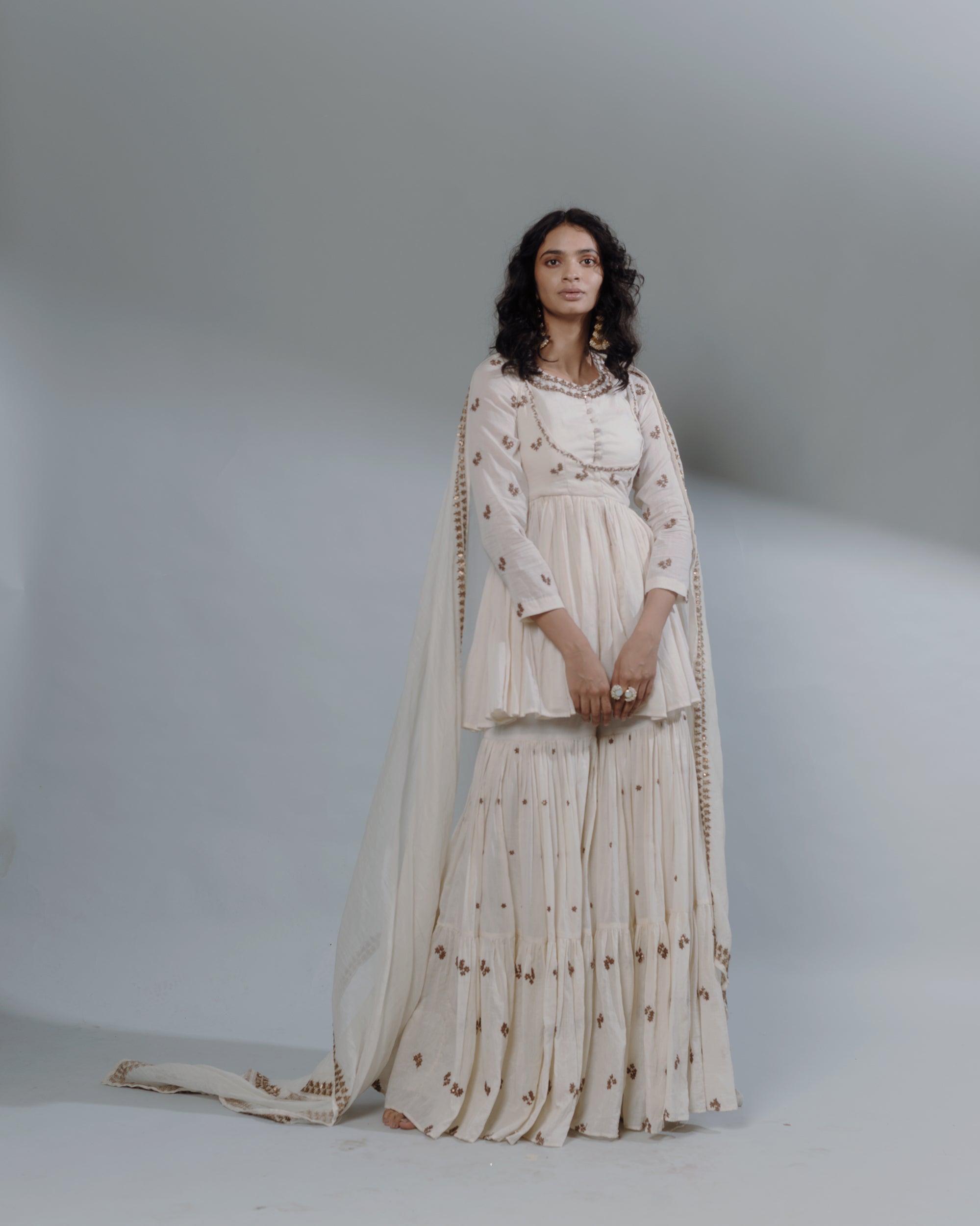 White Thread Peplum And Sharara